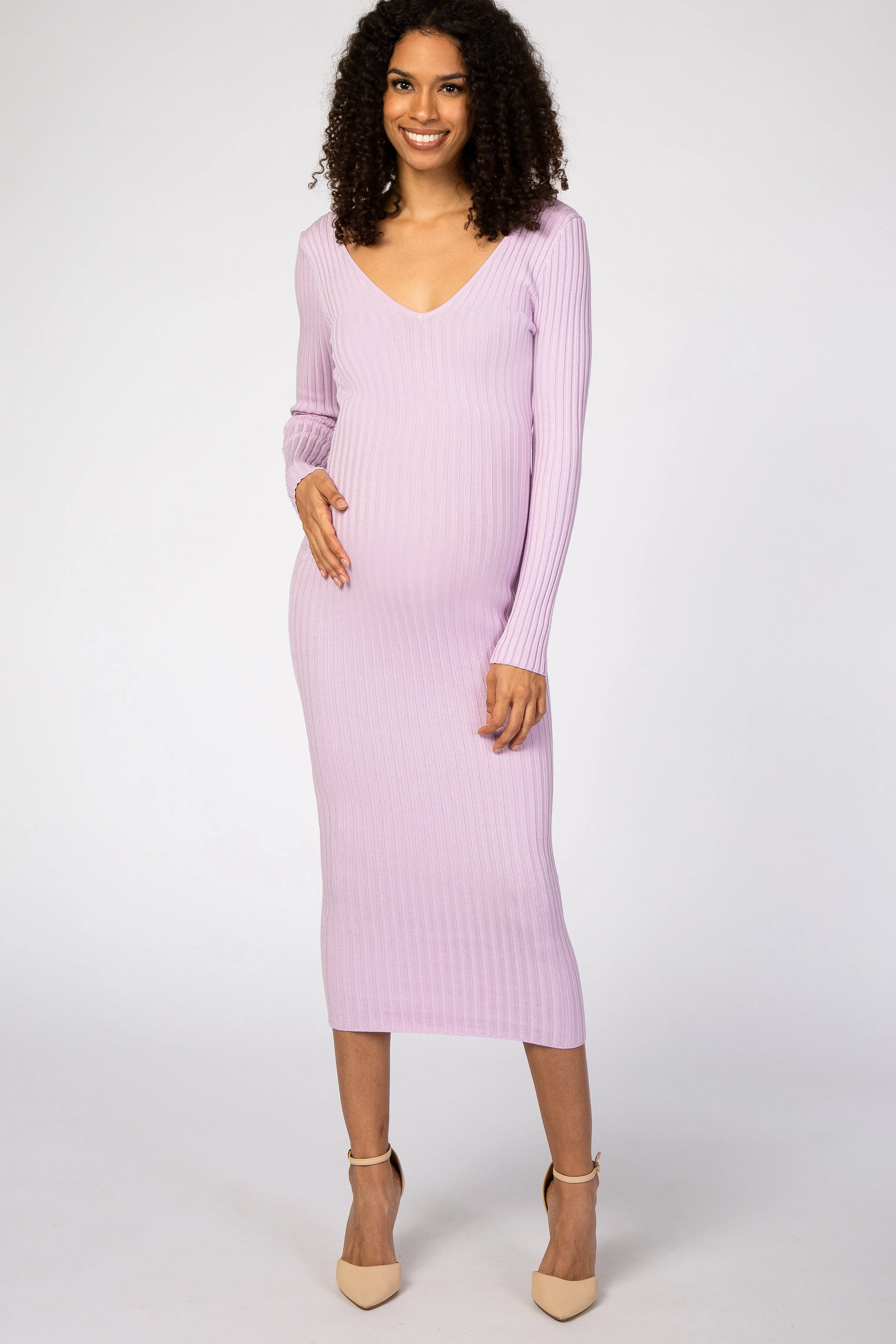 Lavender V-Neck Long Sleeve Fitted Maternity Maxi Dress sold by Pinkblush