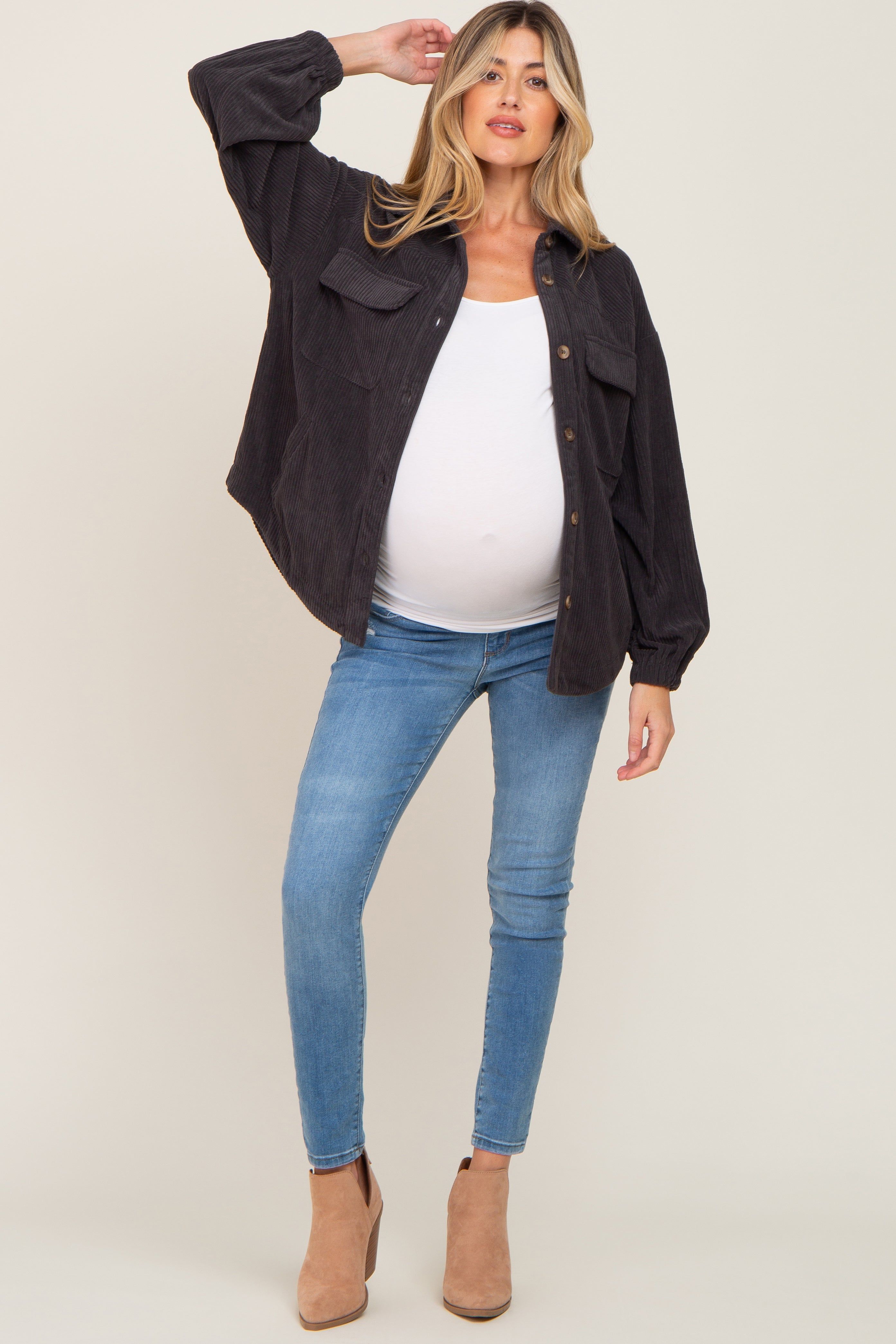 Charcoal Corduroy Front Pocket Maternity Shacket sold by Pinkblush product image thumbnail 4