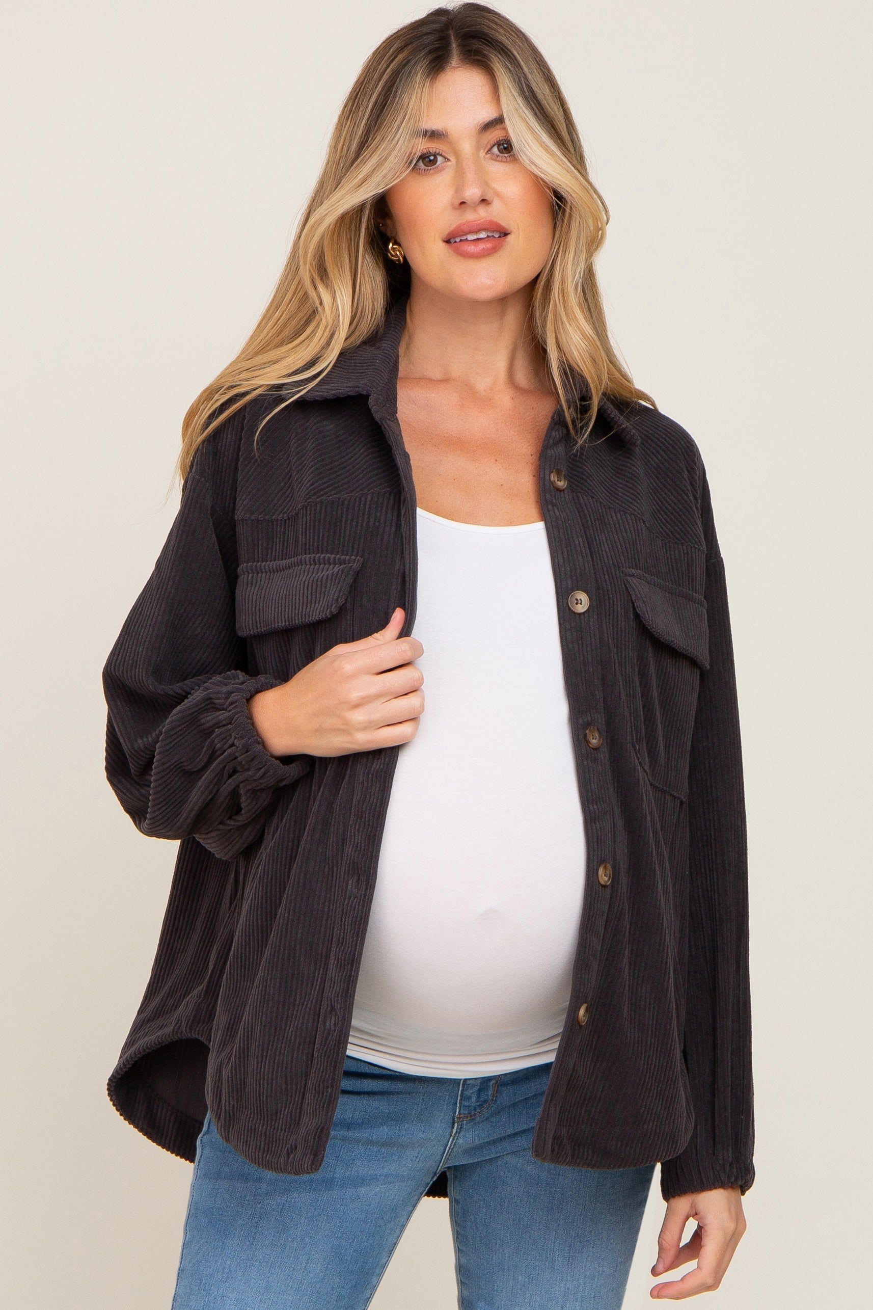 Charcoal Corduroy Front Pocket Maternity Shacket sold by Pinkblush