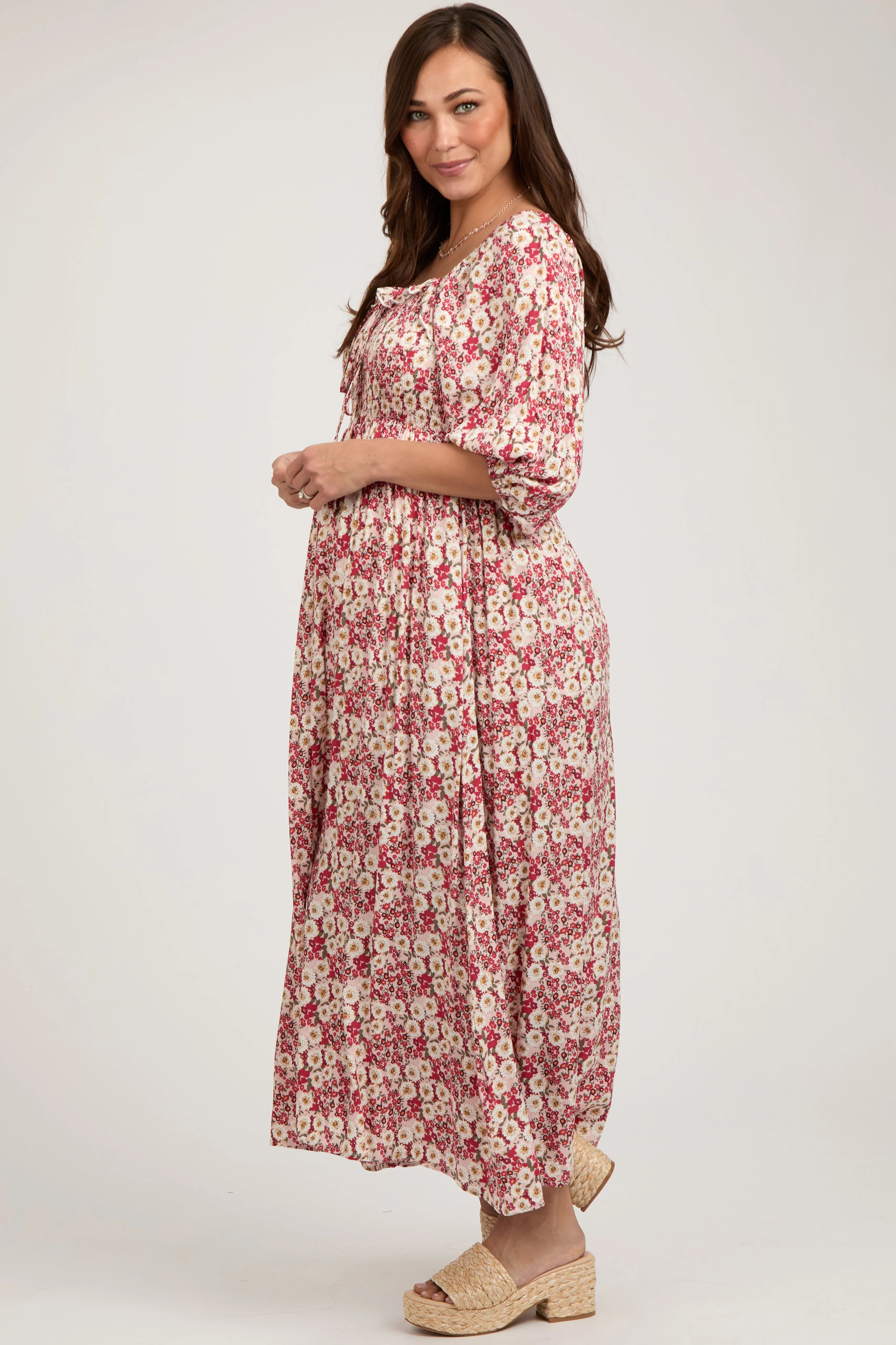 Red Abstract Floral Smocked Maternity Maxi Dress sold by Pinkblush product image thumbnail 2