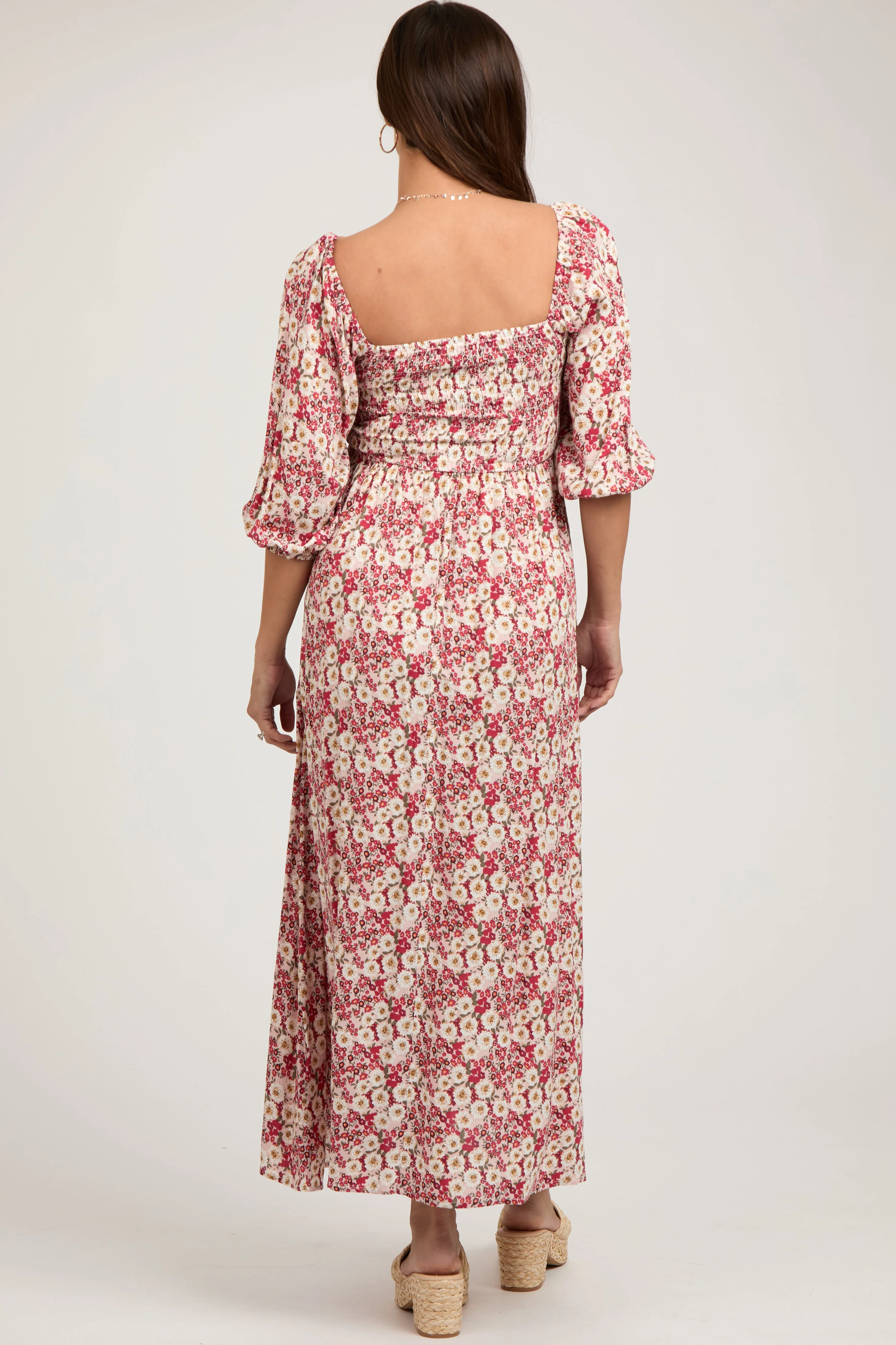 Red Abstract Floral Smocked Maternity Maxi Dress sold by Pinkblush product image thumbnail 3