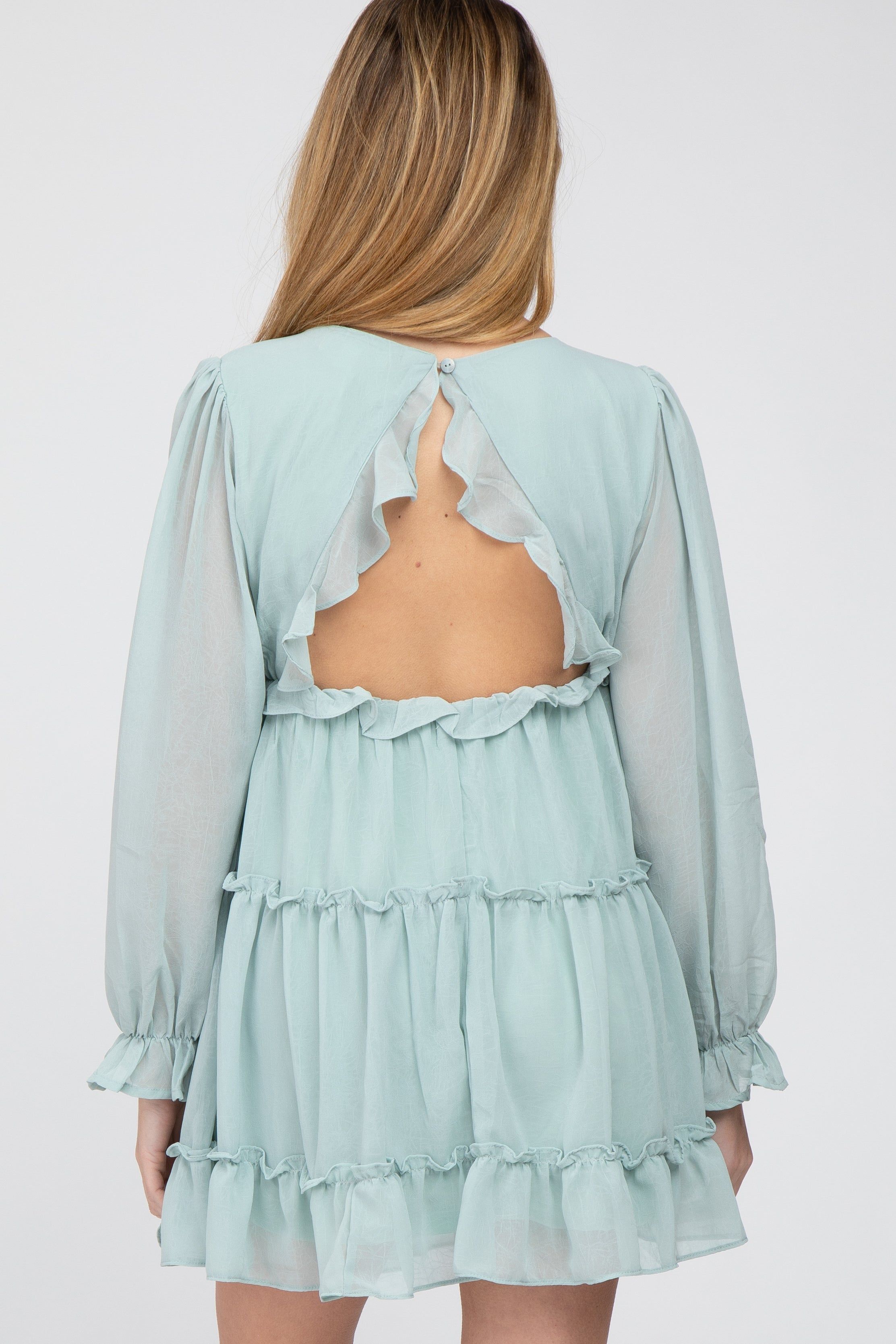 Mint Green Chiffon Ruffle Tiered Open Back Maternity Dress sold by Pinkblush product image thumbnail 5