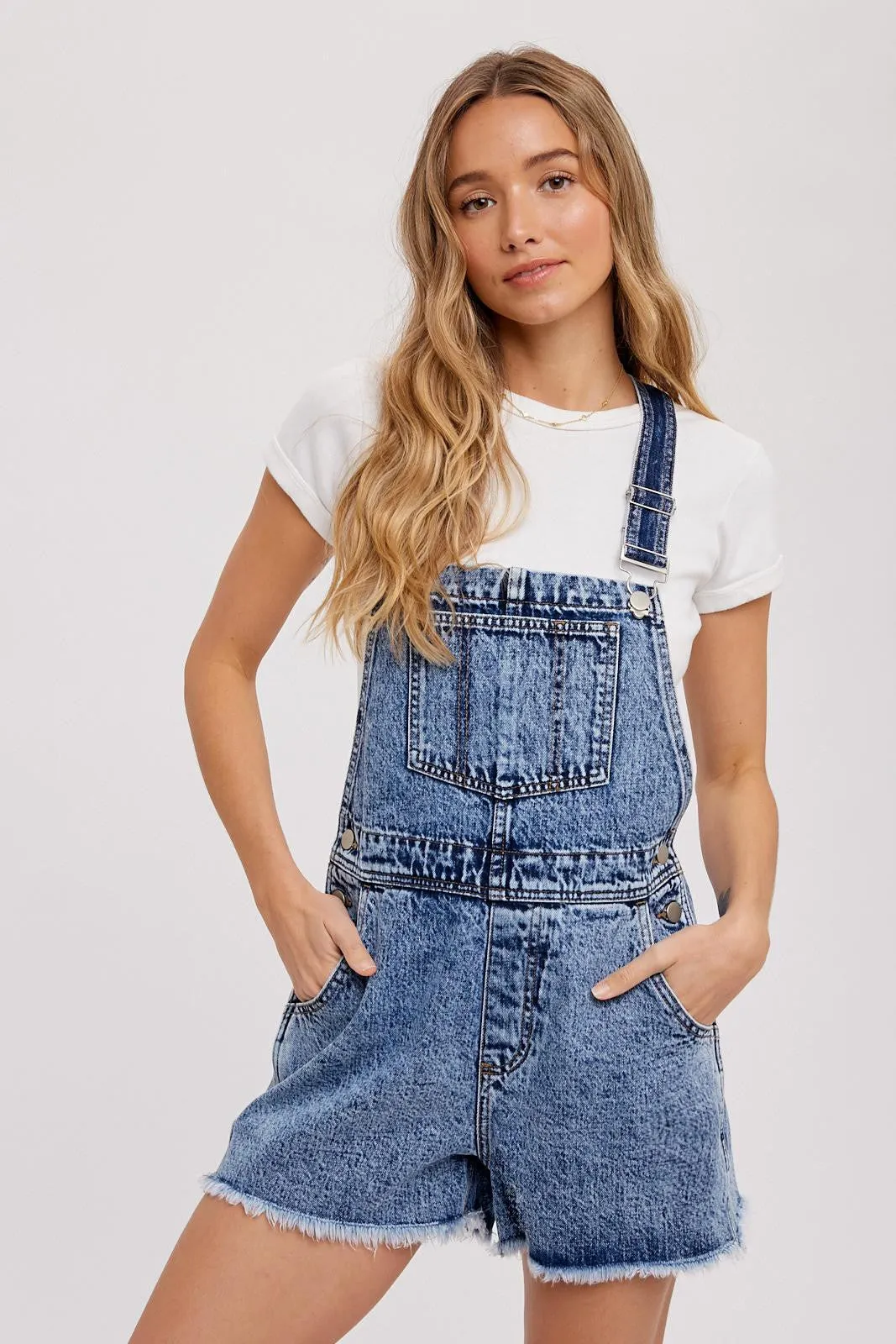 Medium Blue Raw Hem Denim Overalls sold by Pinkblush