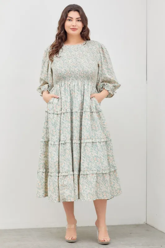 Mint Green Floral Smocked Ruffle Tiered Plus Midi Dress sold by Pinkblush