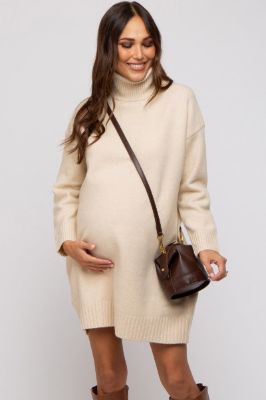 Beige Turtleneck Maternity Sweater Mini Dress sold by Pinkblush