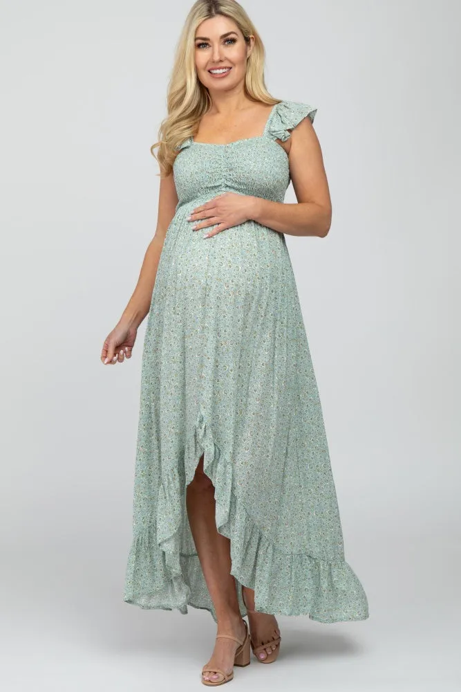 Sage Floral Smocked Hi-Low Maternity Maxi Dress sold by Pinkblush