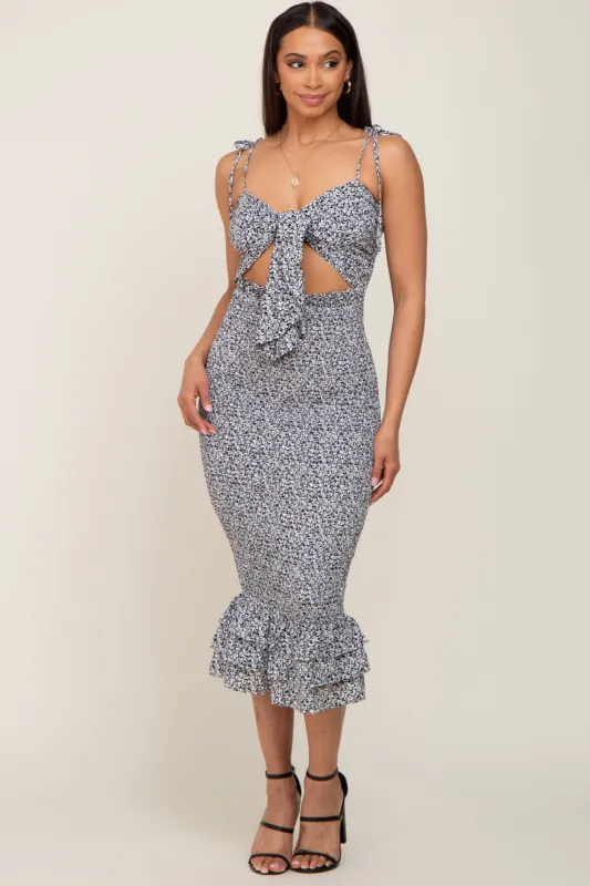 Black Floral Knot Front Smocked Midi Dress sold by Pinkblush