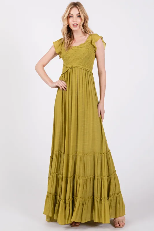 Lime Smocked Crossover Off Shoulder Maxi Dress sold by Pinkblush