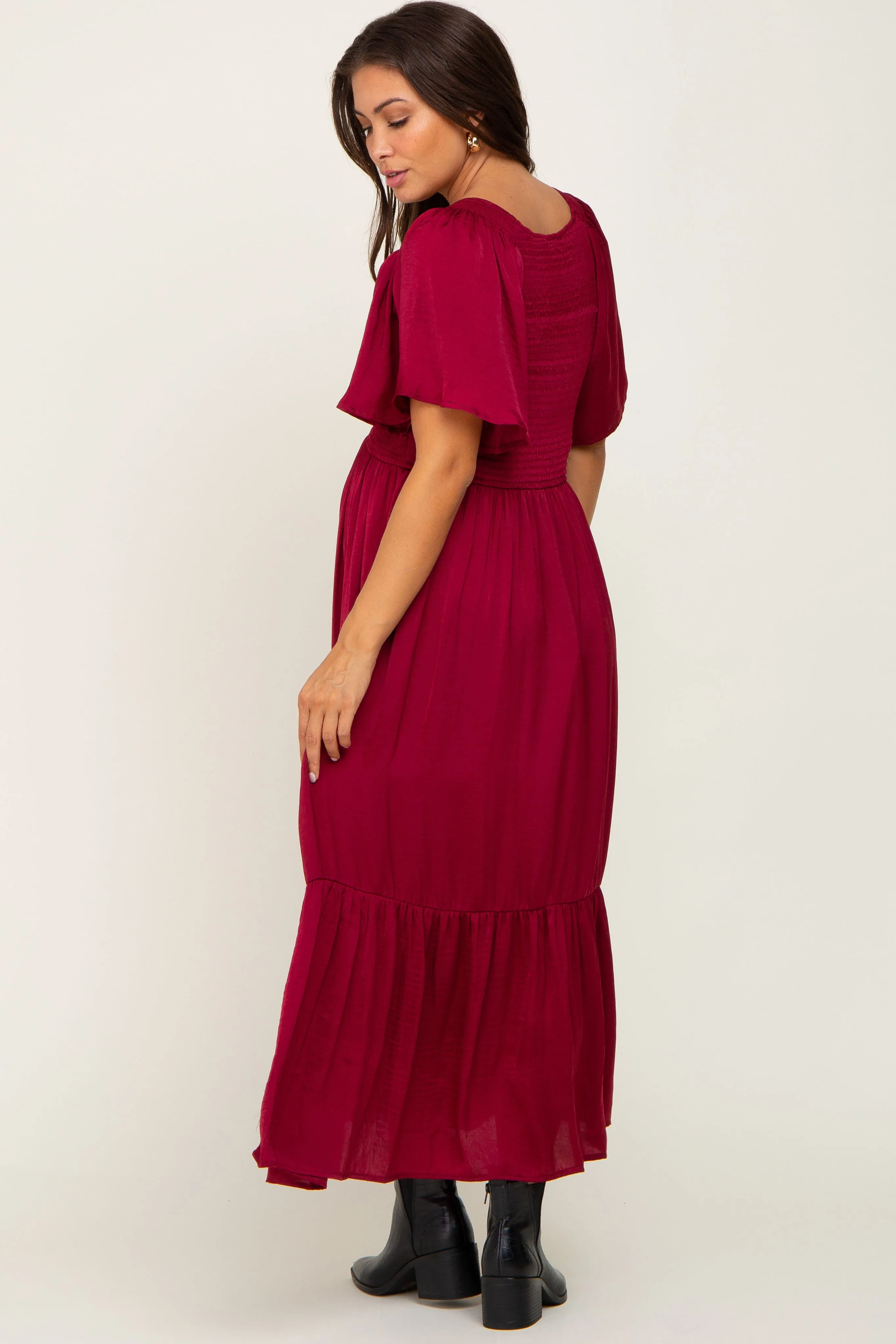 Burgundy Satin Smocked Maternity Midi Dress sold by Pinkblush product image thumbnail 3