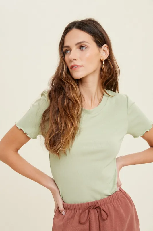Sage Ribbed Fitted Lettuce Trim Top sold by Pinkblush