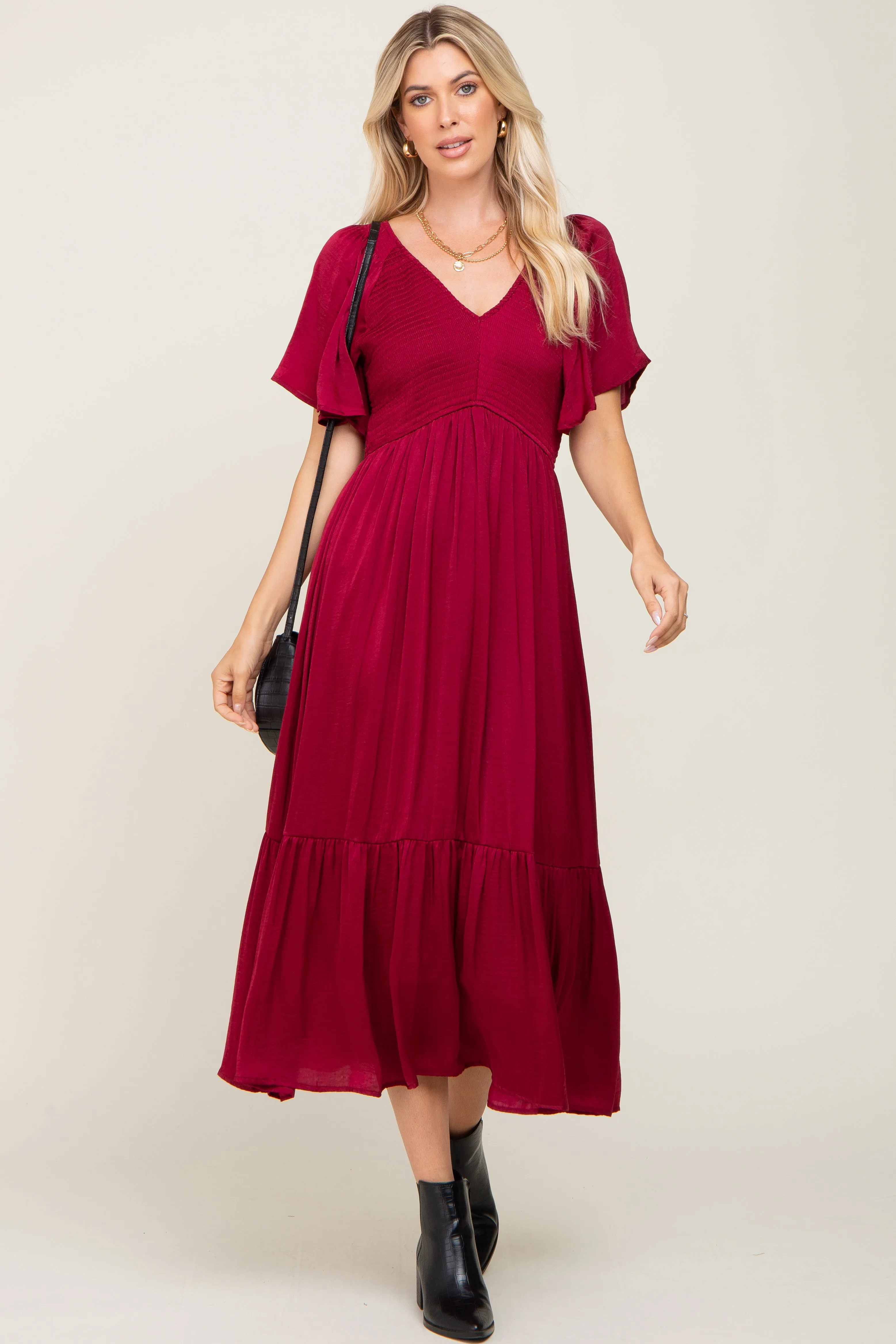 Burgundy Satin Smocked Maternity Midi Dress sold by Pinkblush product image thumbnail 4