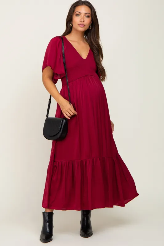 Burgundy Satin Smocked Maternity Midi Dress sold by Pinkblush