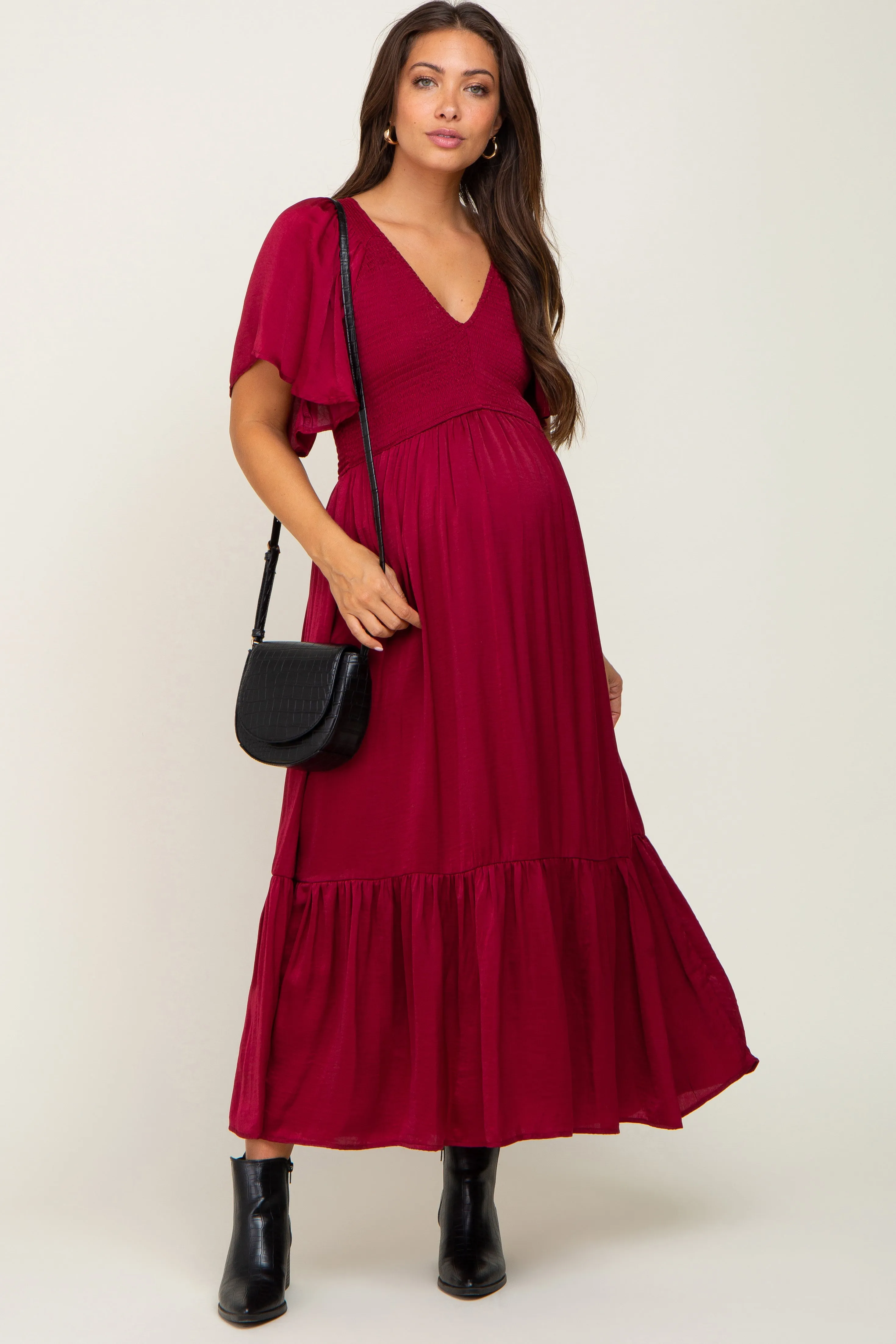 Burgundy Satin Smocked Maternity Midi Dress sold by Pinkblush