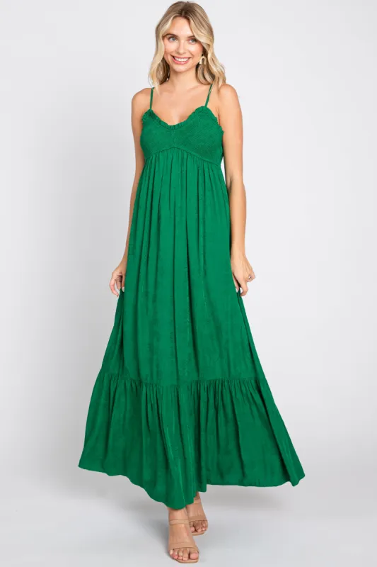 Green Floral Smocked Gathered Tier Maxi Dress sold by Pinkblush
