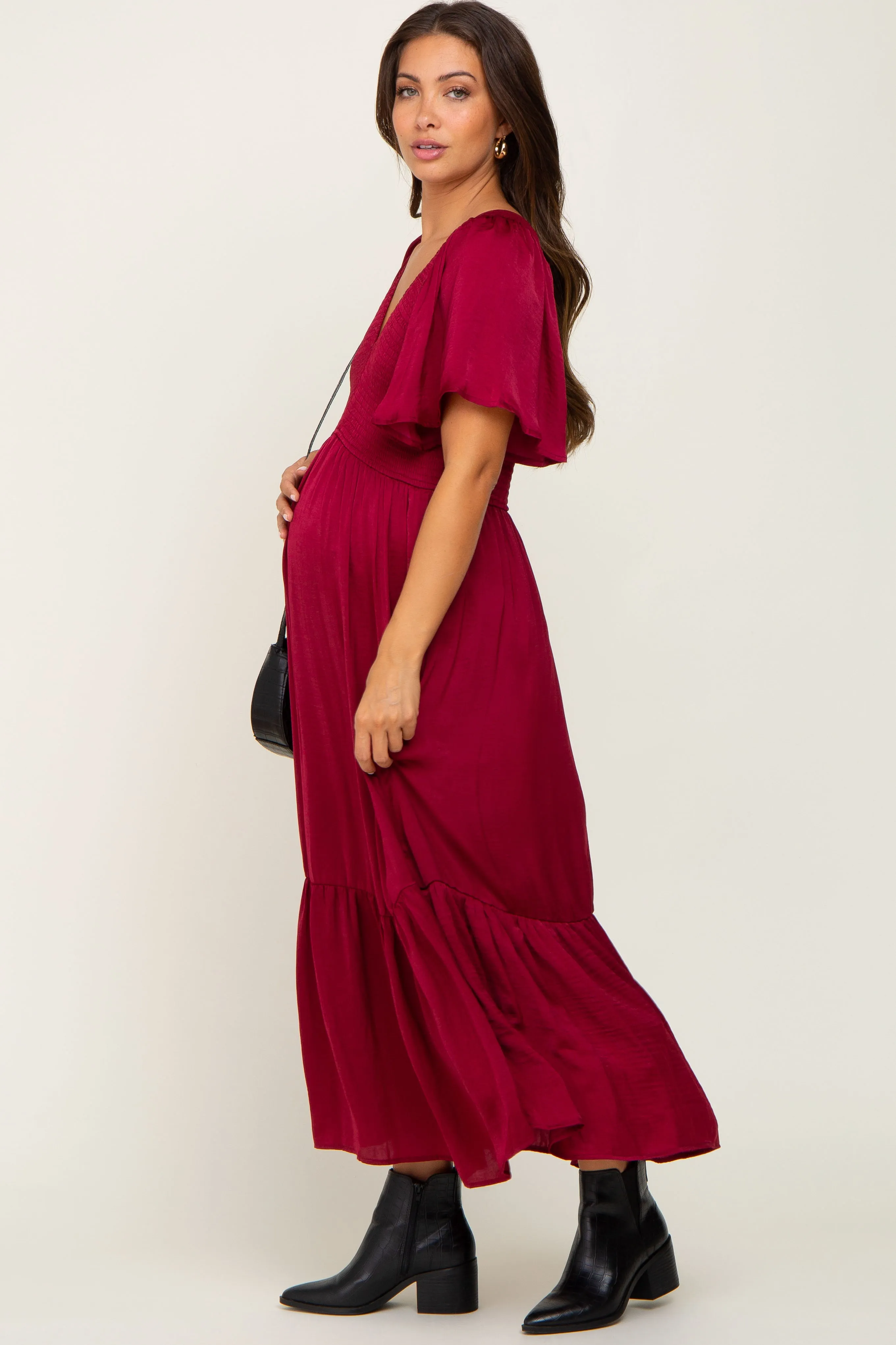 Burgundy Satin Smocked Maternity Midi Dress sold by Pinkblush product image thumbnail 2
