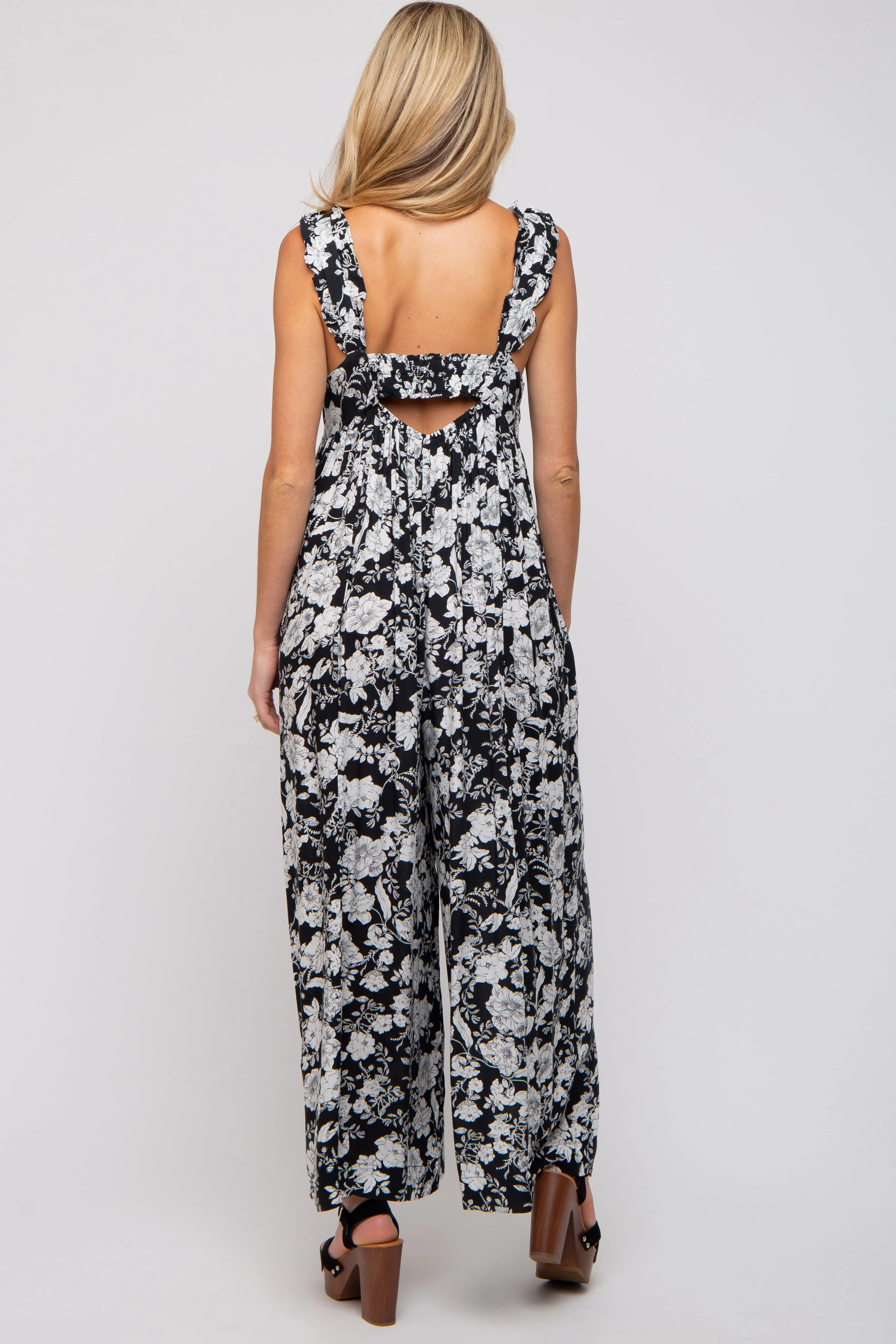 Black Floral Ruffle Strap Maternity Jumpsuit sold by Pinkblush product image thumbnail 2