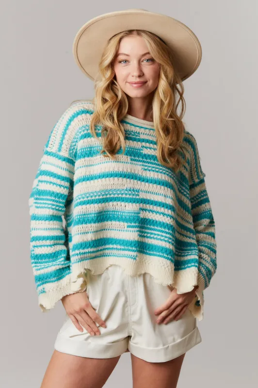 Ivory Jade Mixed Stripe Raw Edge Sweater sold by Pinkblush