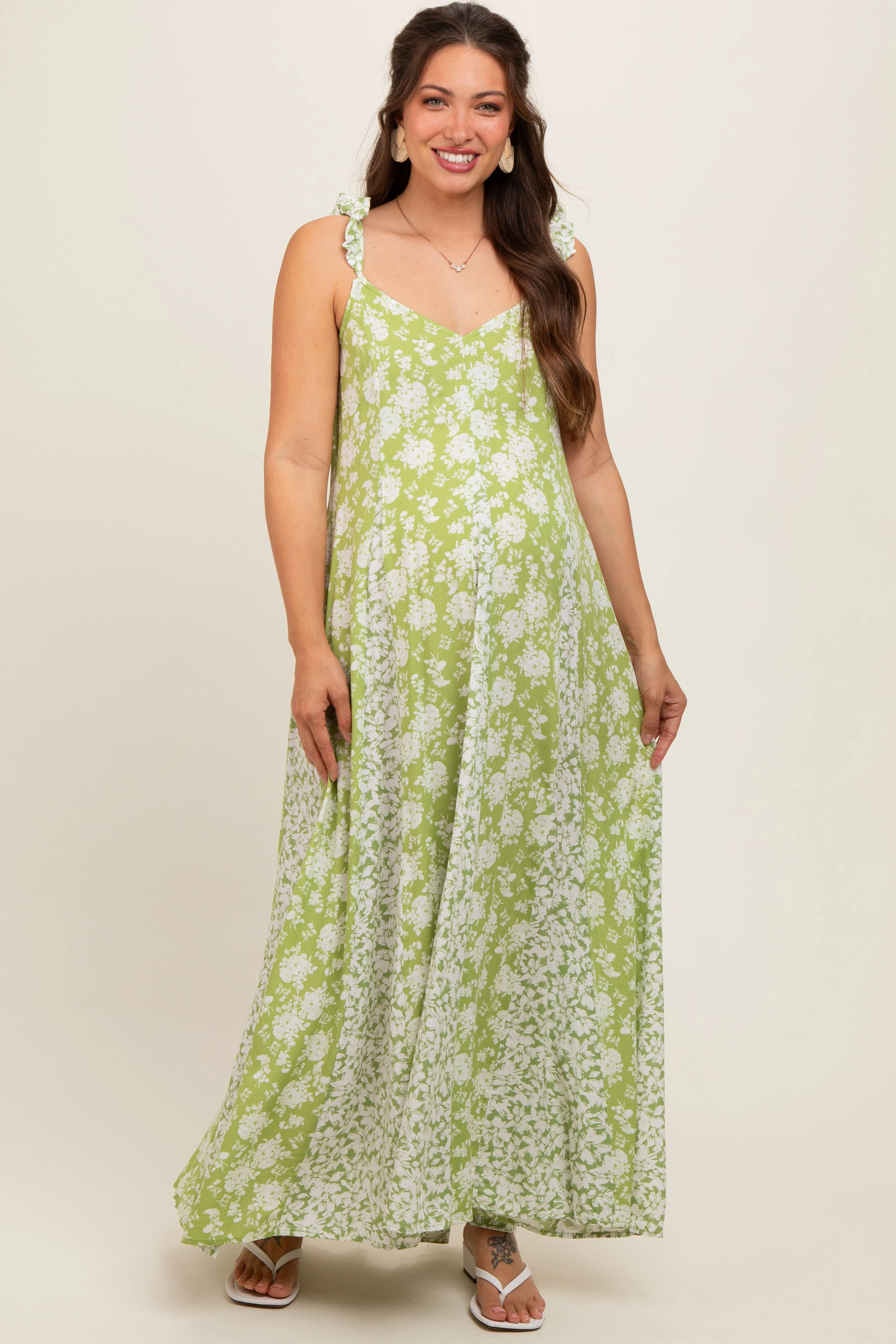 Lime Floral Ruffle Shoulder Cut-Out Back Maternity Maxi Dress sold by Pinkblush