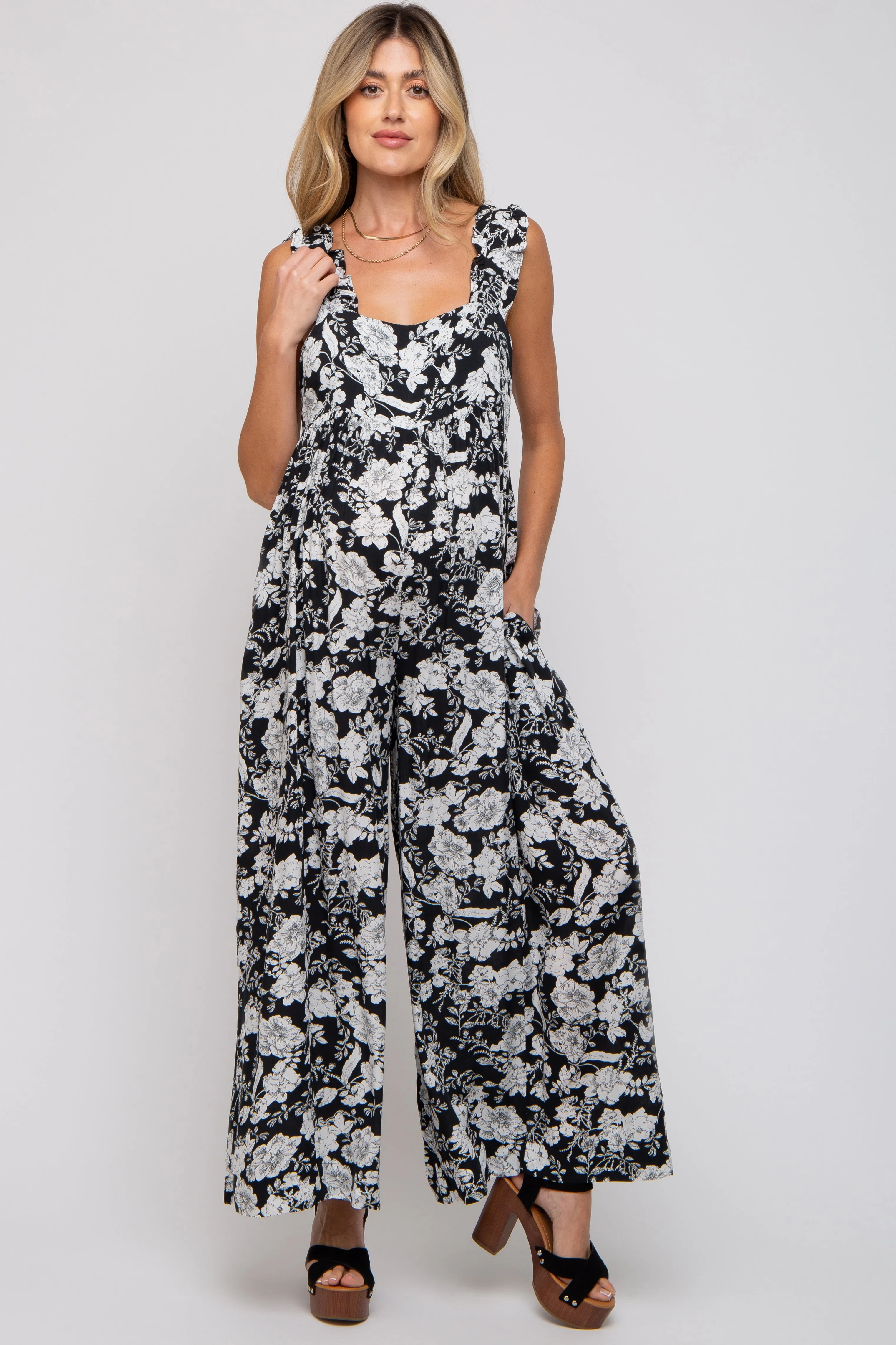 Black Floral Ruffle Strap Maternity Jumpsuit sold by Pinkblush product image thumbnail 3