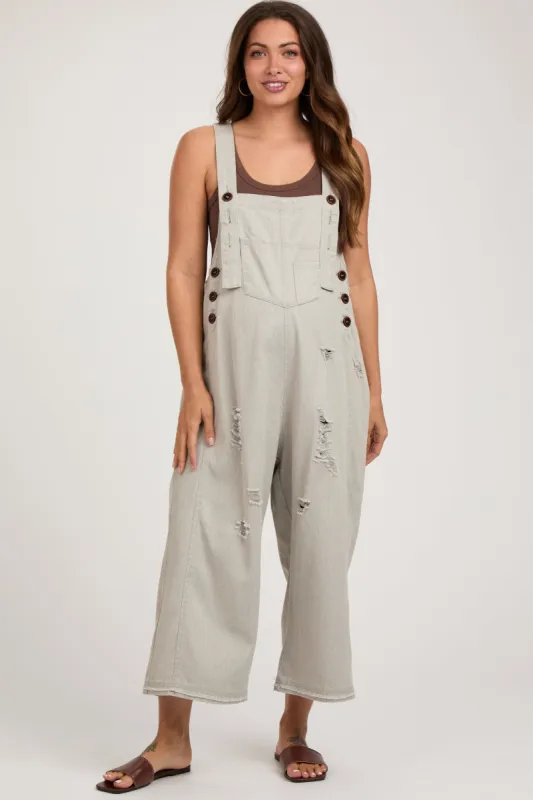 Grey Side Button Distressed Maternity Overalls sold by Pinkblush