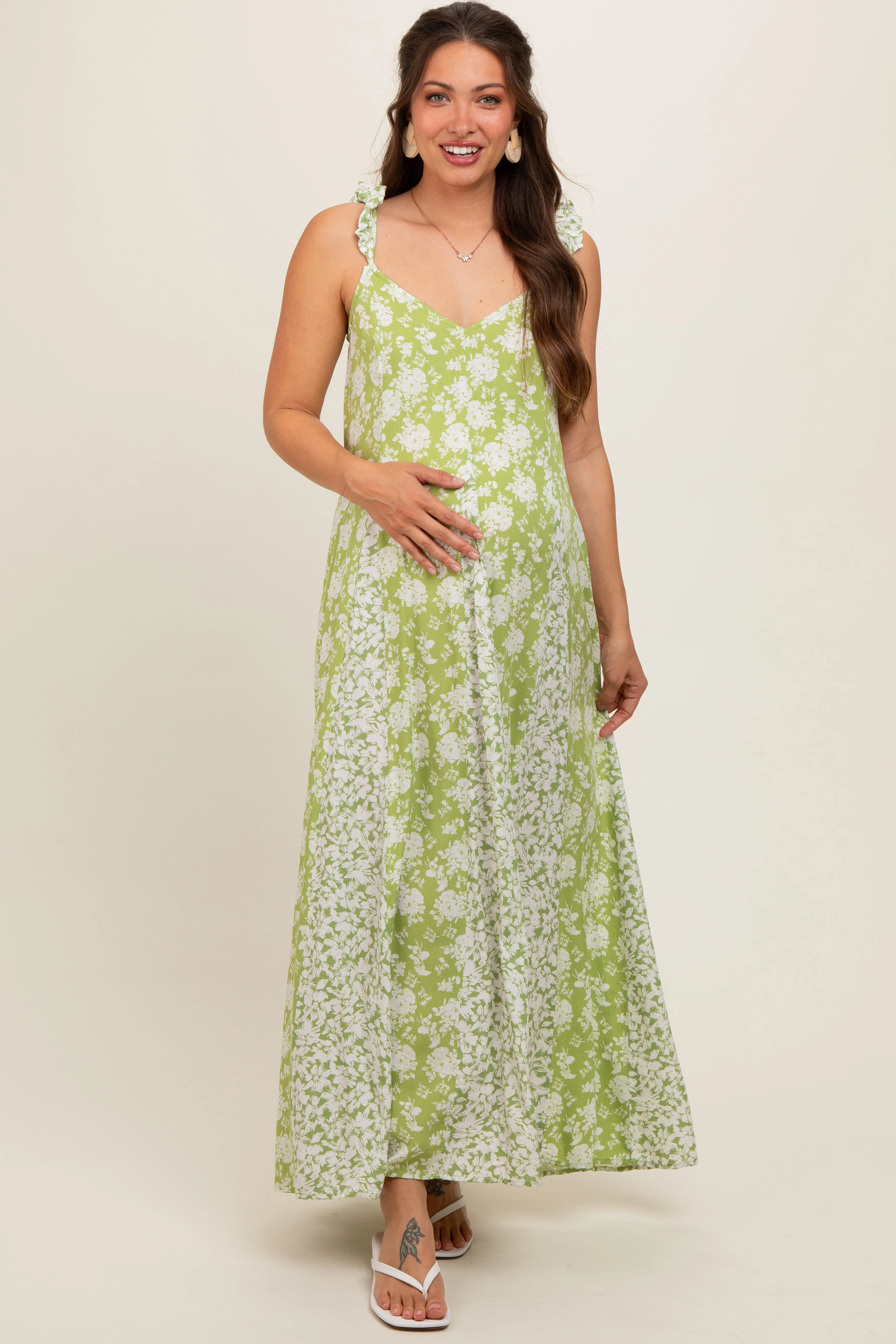 Lime Floral Ruffle Shoulder Cut-Out Back Maternity Maxi Dress sold by Pinkblush product image thumbnail 2