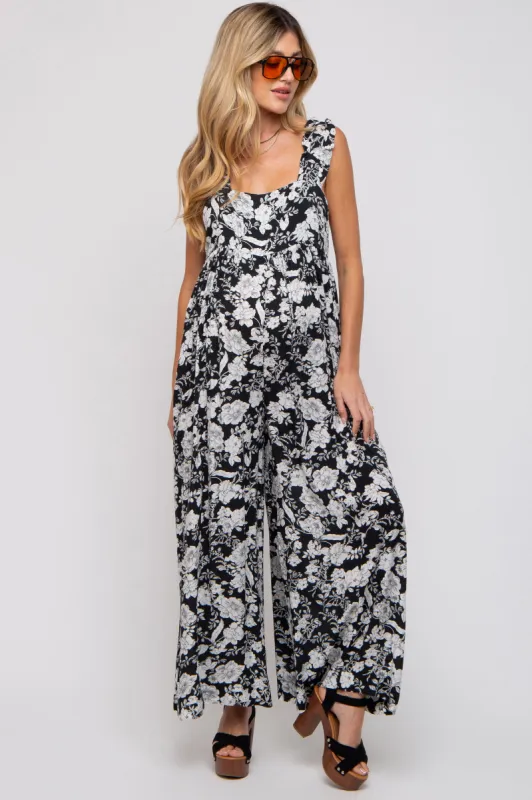 Black Floral Ruffle Strap Maternity Jumpsuit sold by Pinkblush