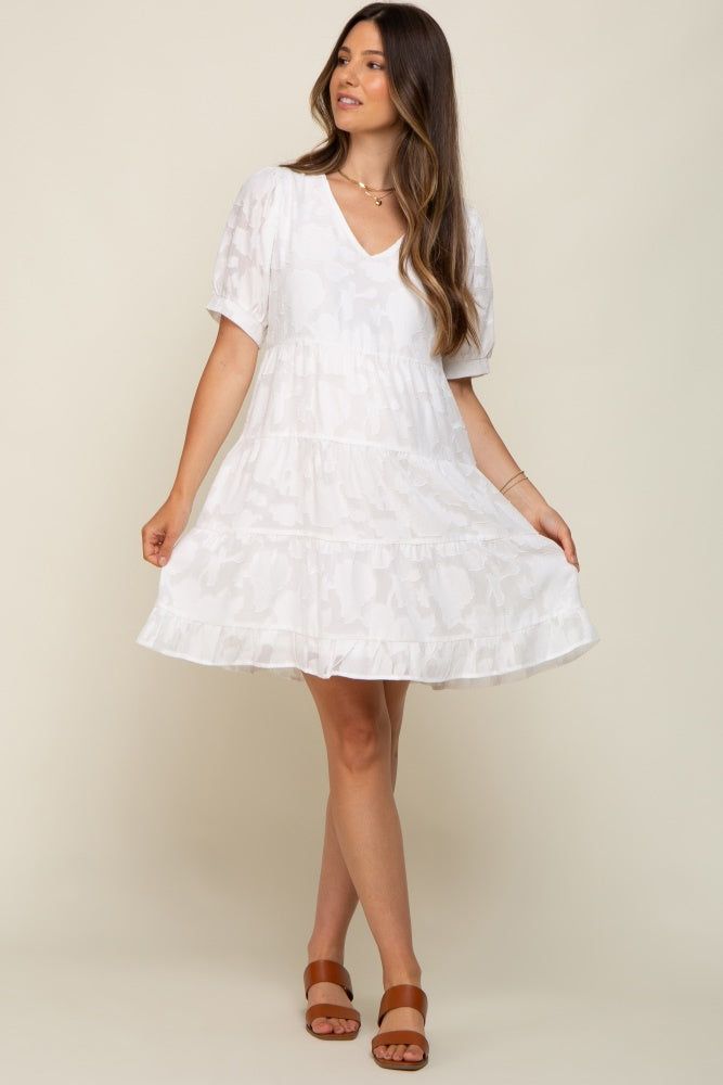 White Floral Jacquard Puff Sleeve Maternity Dress sold by Pinkblush product image thumbnail 4