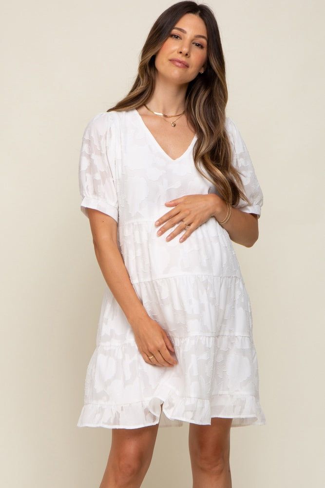 White Floral Jacquard Puff Sleeve Maternity Dress sold by Pinkblush