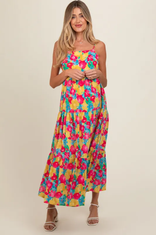 Multi-Color Floral Low Back Tiered Maternity Midi Dress sold by Pinkblush