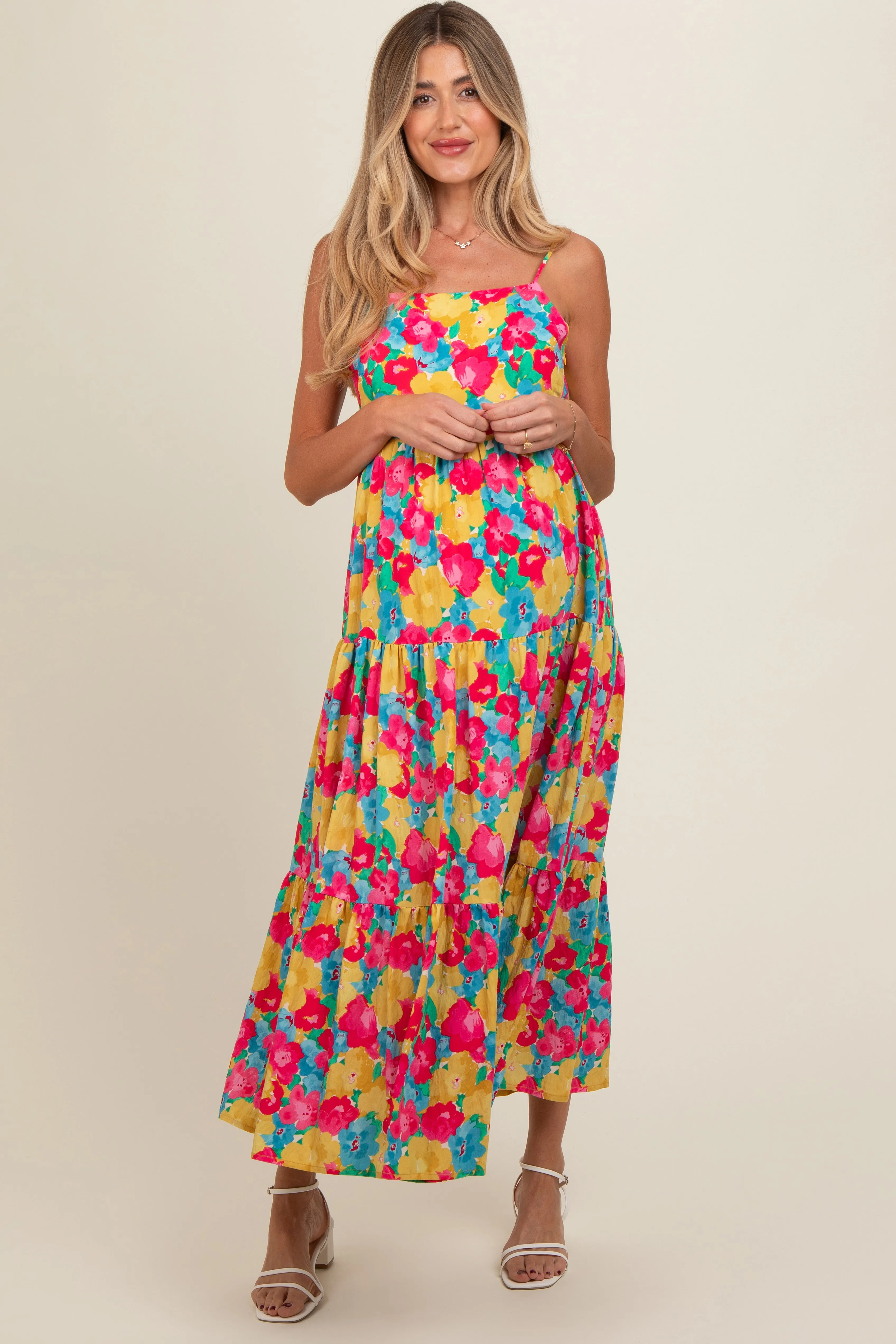 Multi-Color Floral Low Back Tiered Maternity Midi Dress sold by Pinkblush