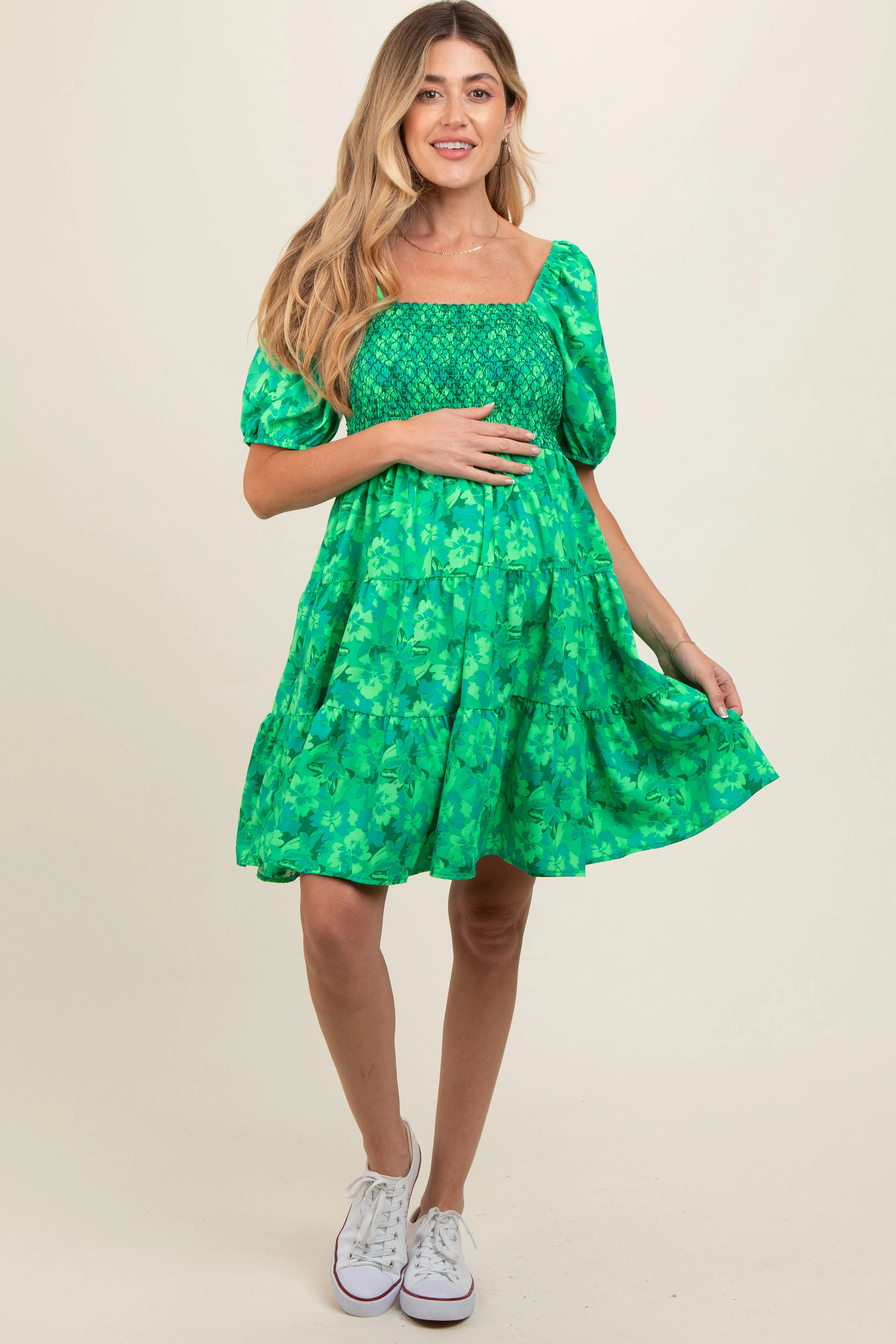 Green Floral Smocked Tiered Maternity Dress sold by Pinkblush product image thumbnail 2