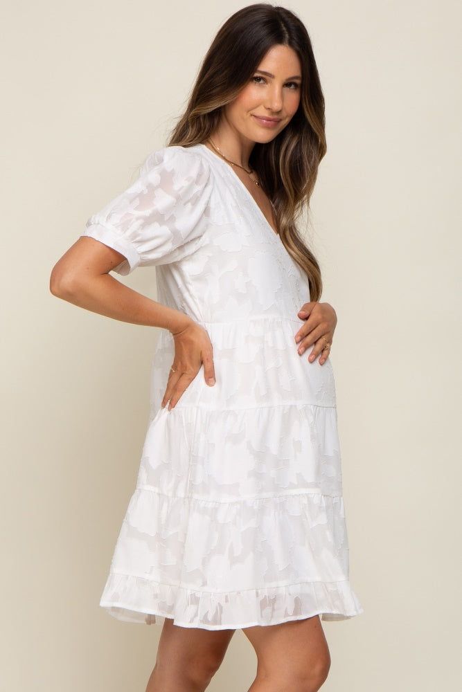 White Floral Jacquard Puff Sleeve Maternity Dress sold by Pinkblush product image thumbnail 2