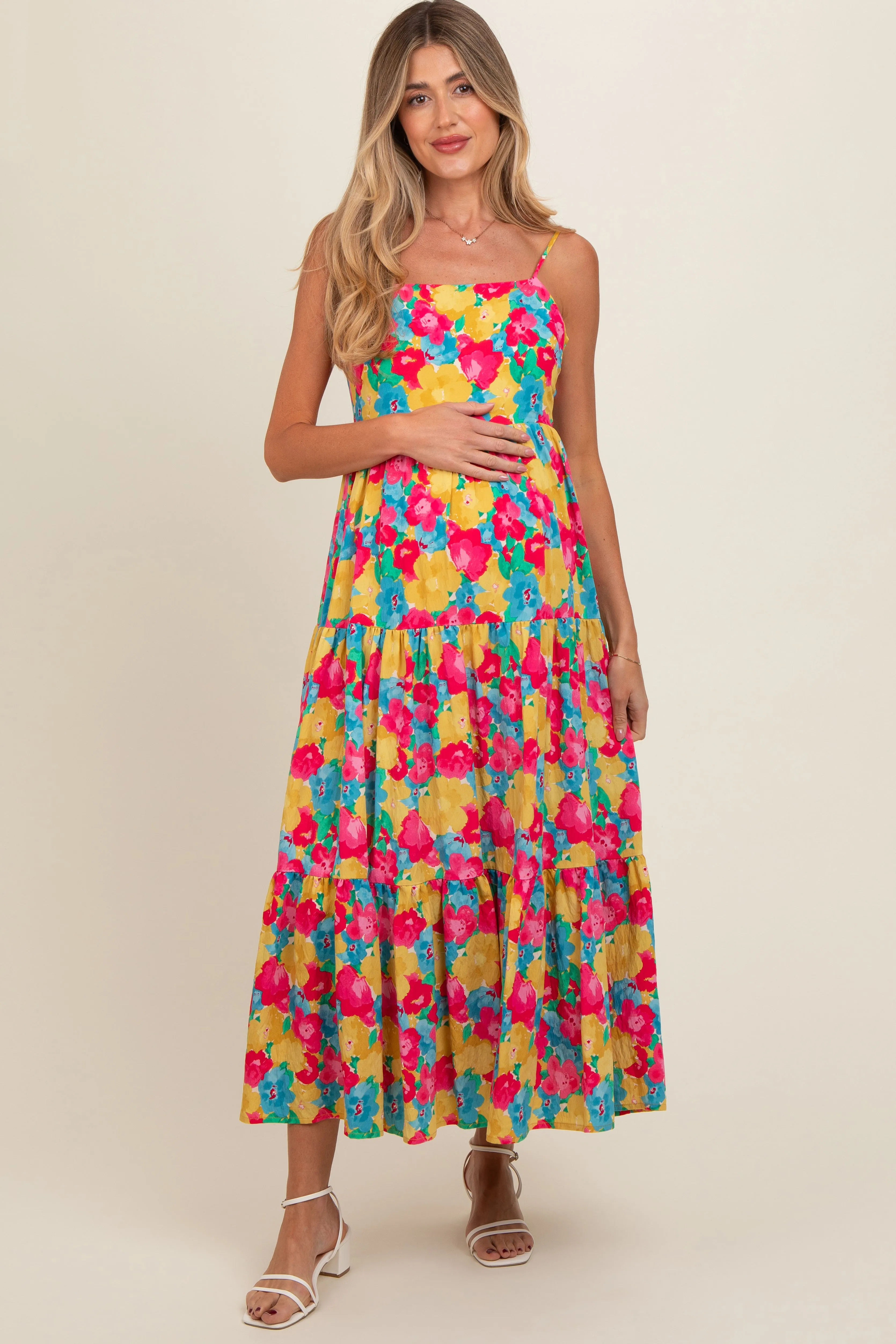 Multi-Color Floral Low Back Tiered Maternity Midi Dress sold by Pinkblush product image thumbnail 2