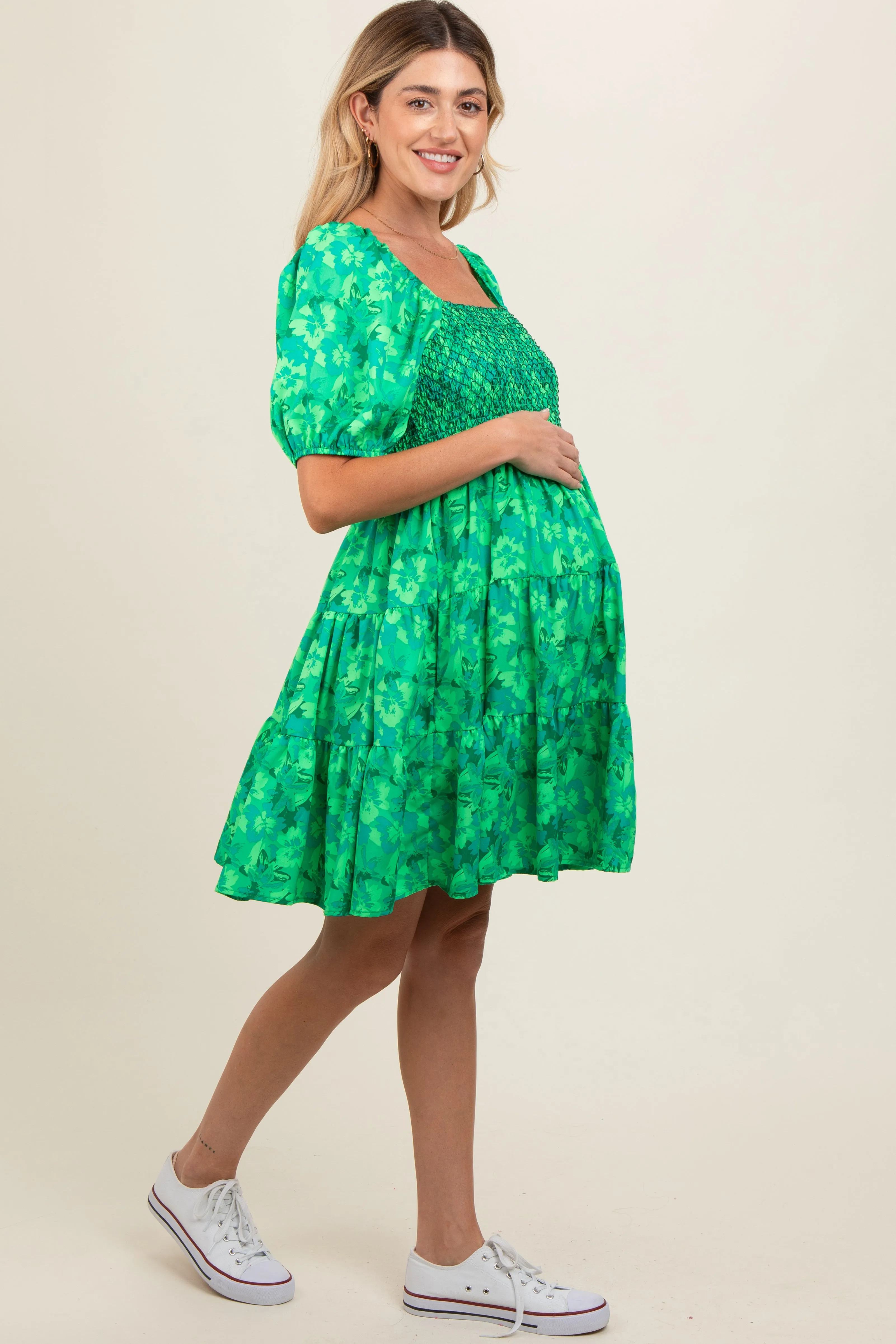 Green Floral Smocked Tiered Maternity Dress sold by Pinkblush product image thumbnail 3