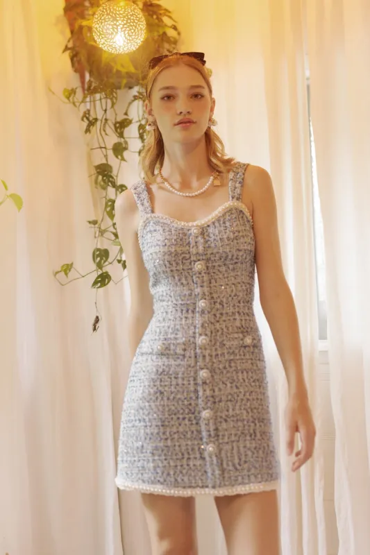 Blue White Multi Sleeveless Embellished Tweed Dress sold by Pinkblush