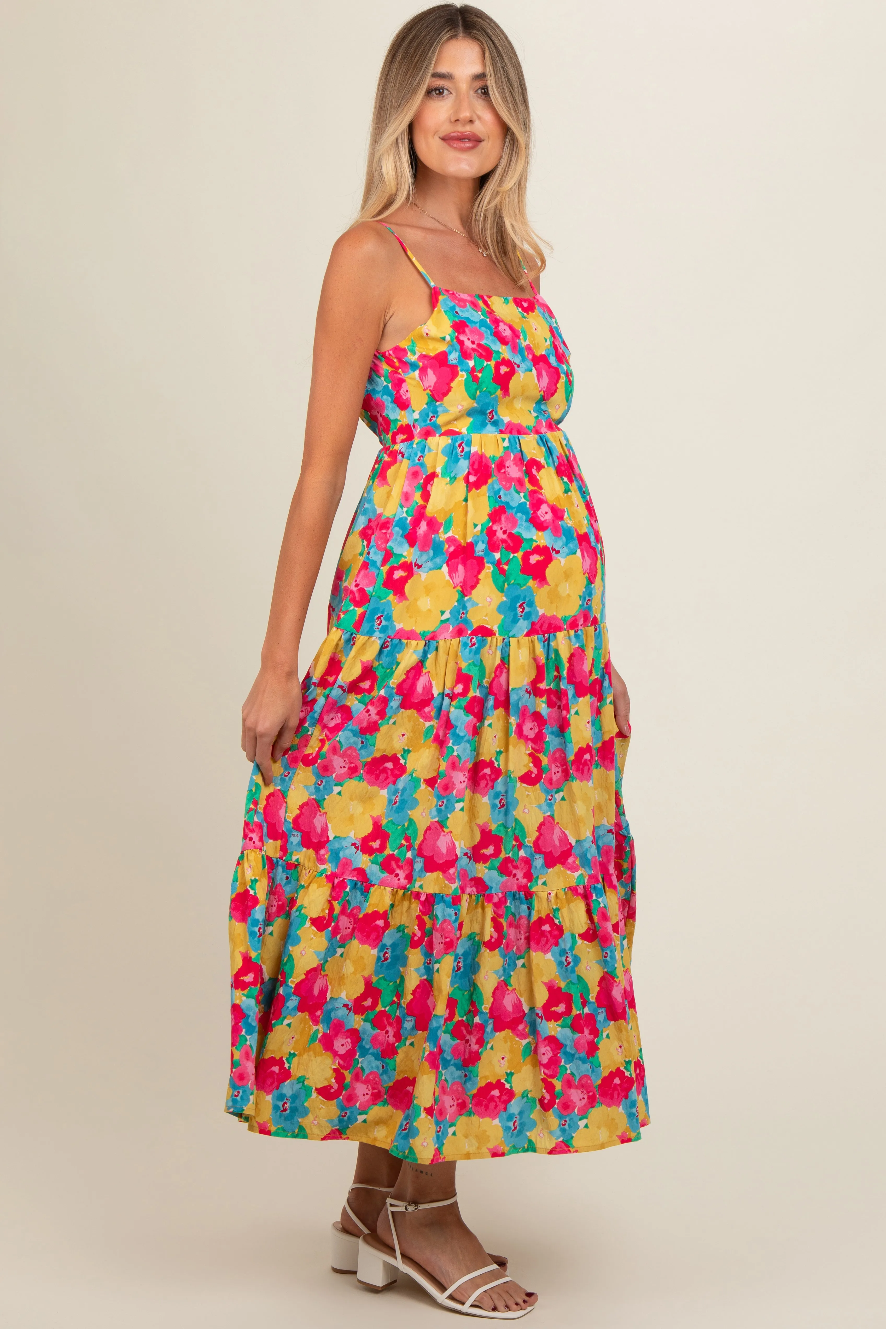 Multi-Color Floral Low Back Tiered Maternity Midi Dress sold by Pinkblush product image thumbnail 3