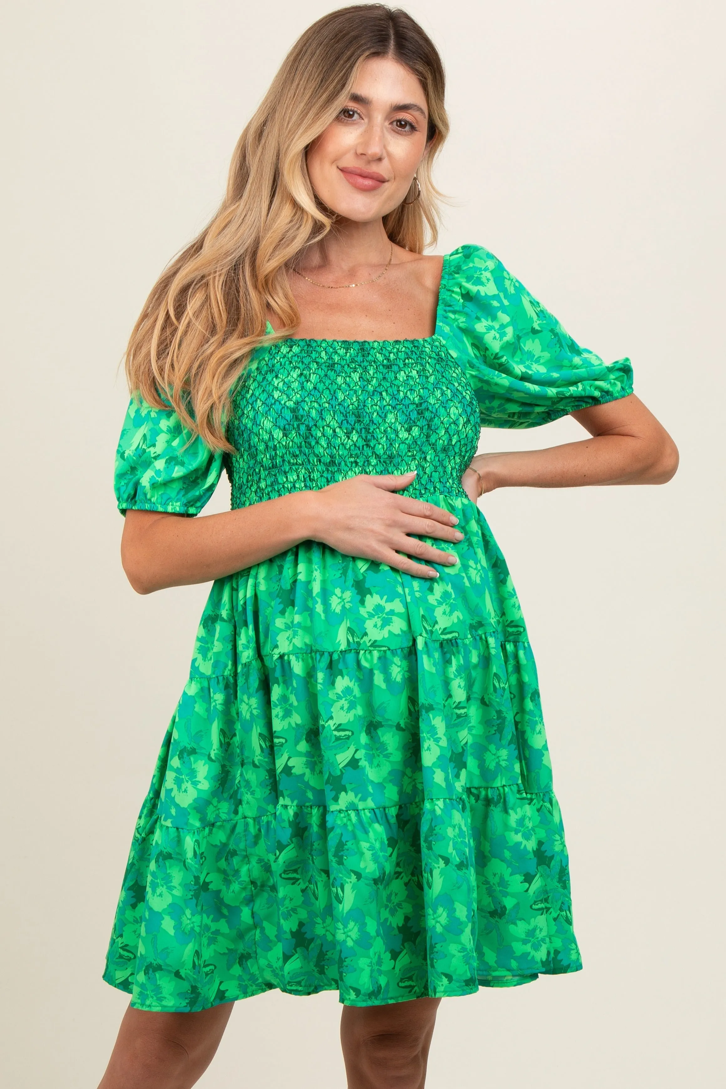 Green Floral Smocked Tiered Maternity Dress sold by Pinkblush