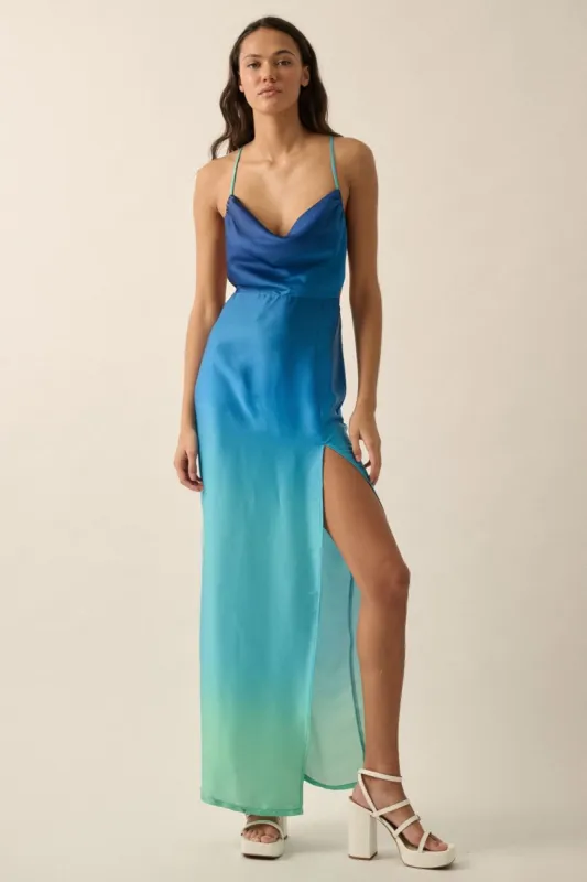 Ocean Blue Open-Back Ombre Satin Maxi Dress sold by Pinkblush