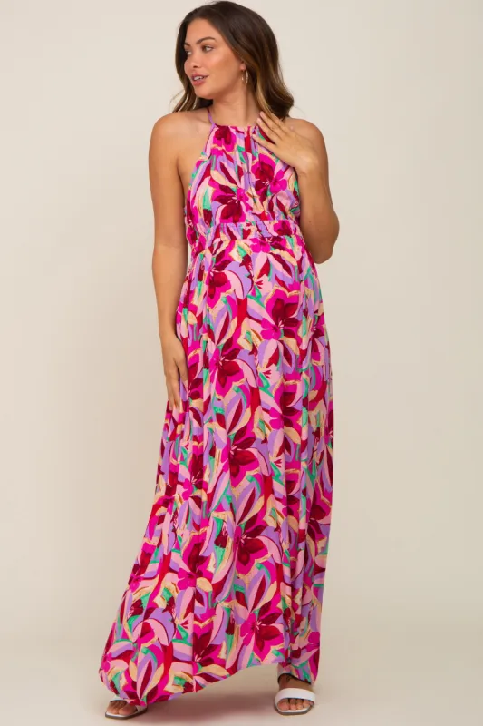 Magenta Floral Halter Shirred Maternity Maxi Dress sold by Pinkblush