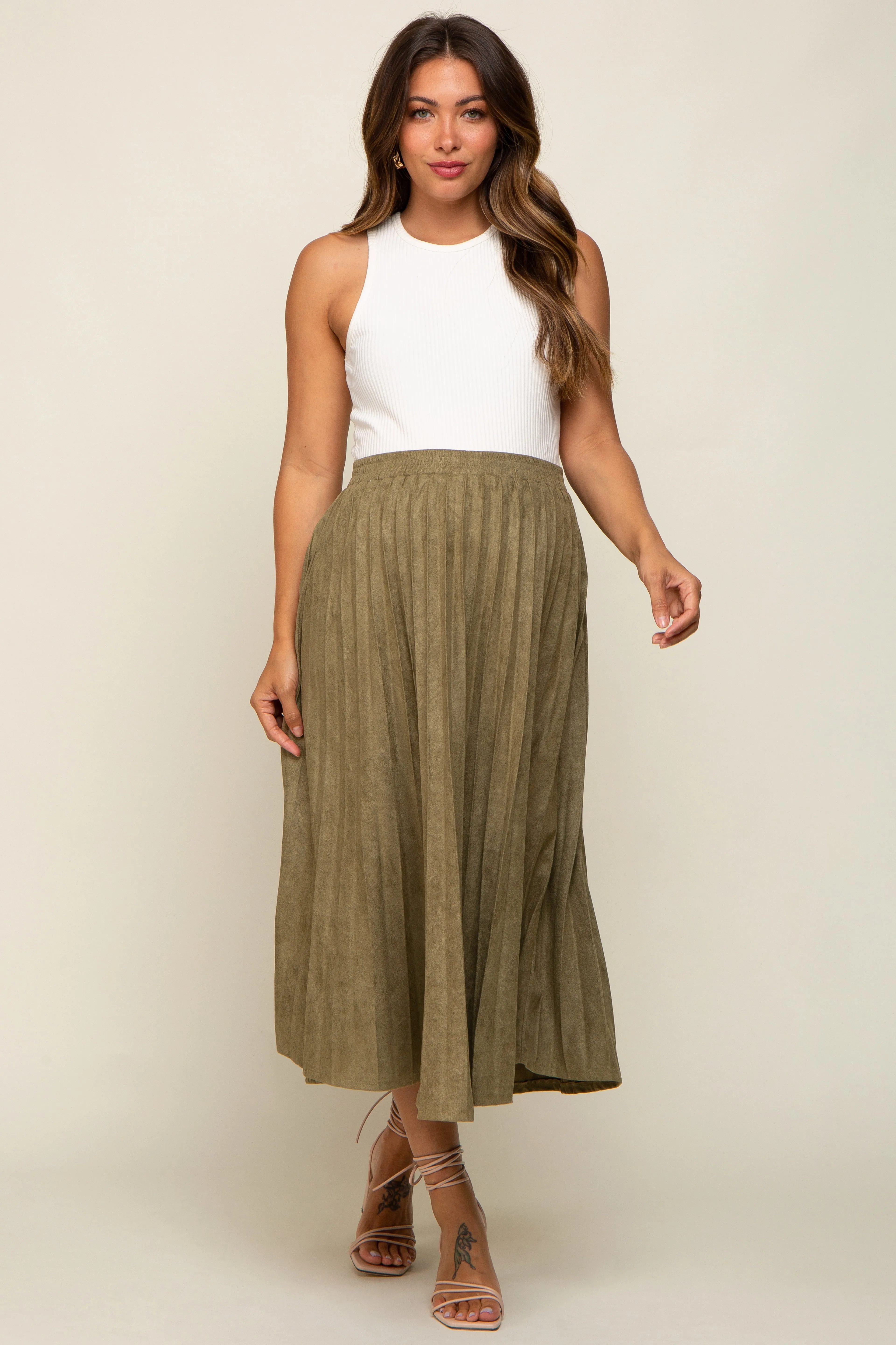 Olive Suede Pleated Maternity Midi Skirt sold by Pinkblush product image thumbnail 5