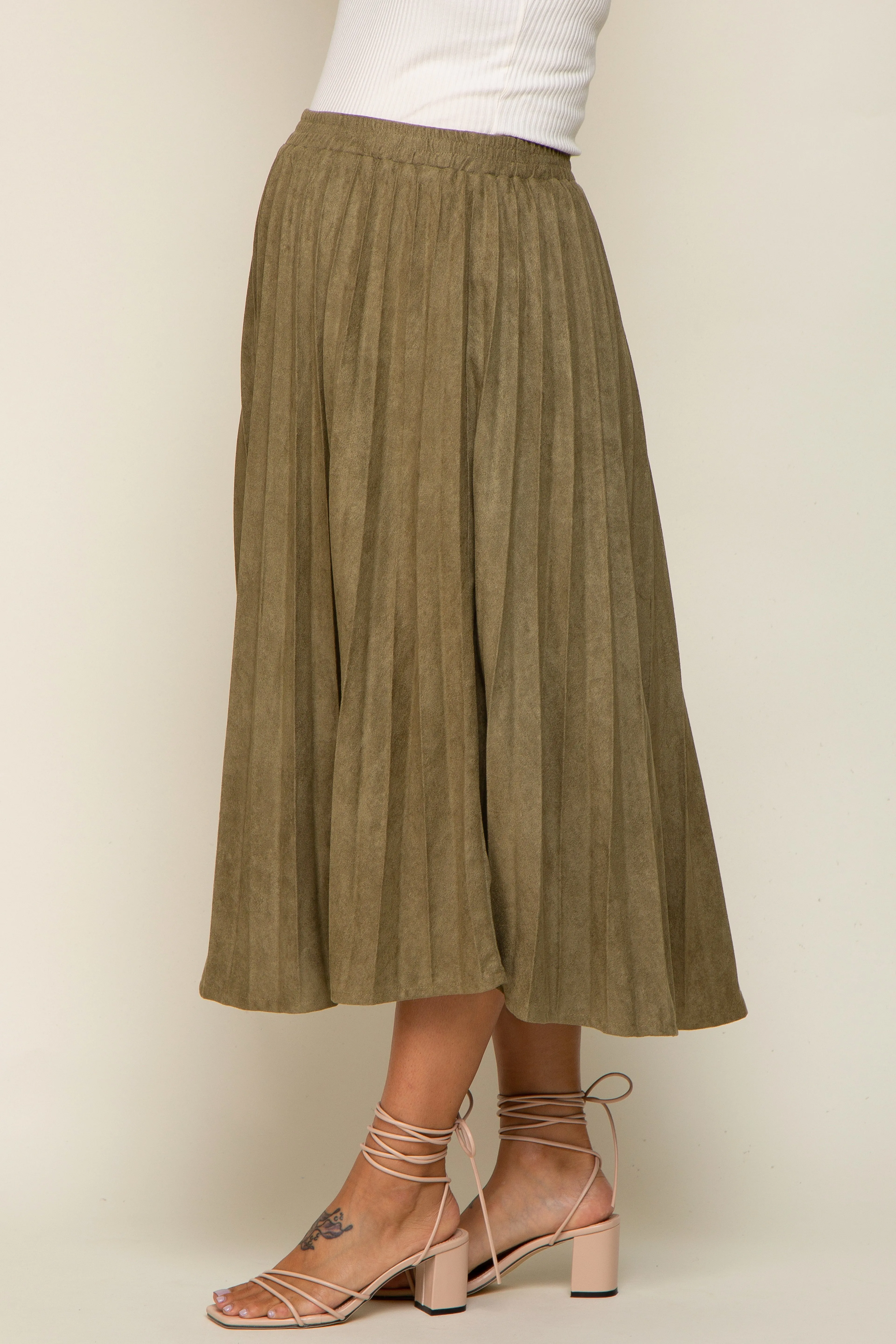 Olive Suede Pleated Maternity Midi Skirt sold by Pinkblush product image thumbnail 3