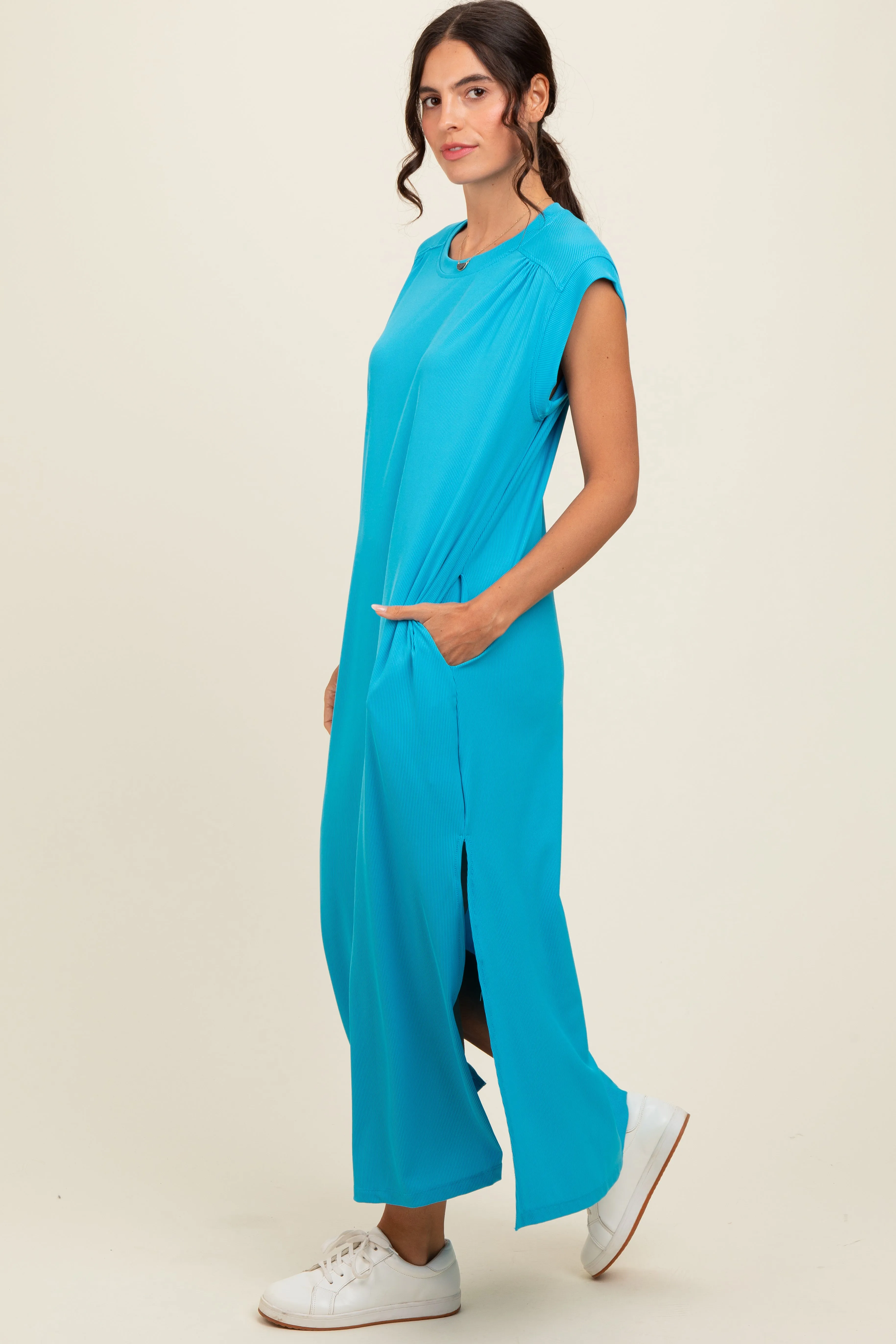 Blue Short Dolman Sleeve Side Slit Maxi Dress sold by Pinkblush