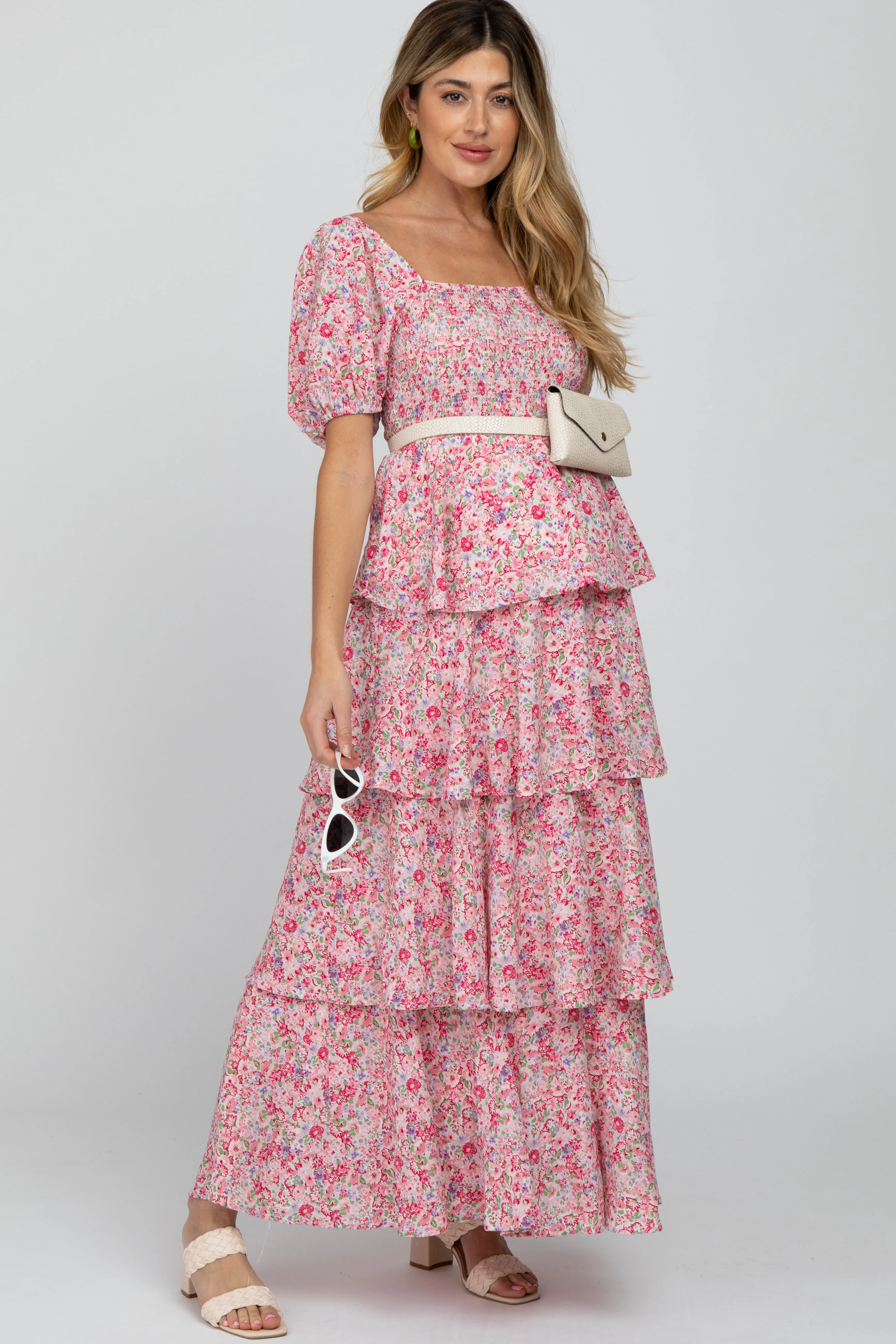 Pink Floral Square Neck Ruffle Layered Maternity Maxi Dress sold by Pinkblush product image thumbnail 3