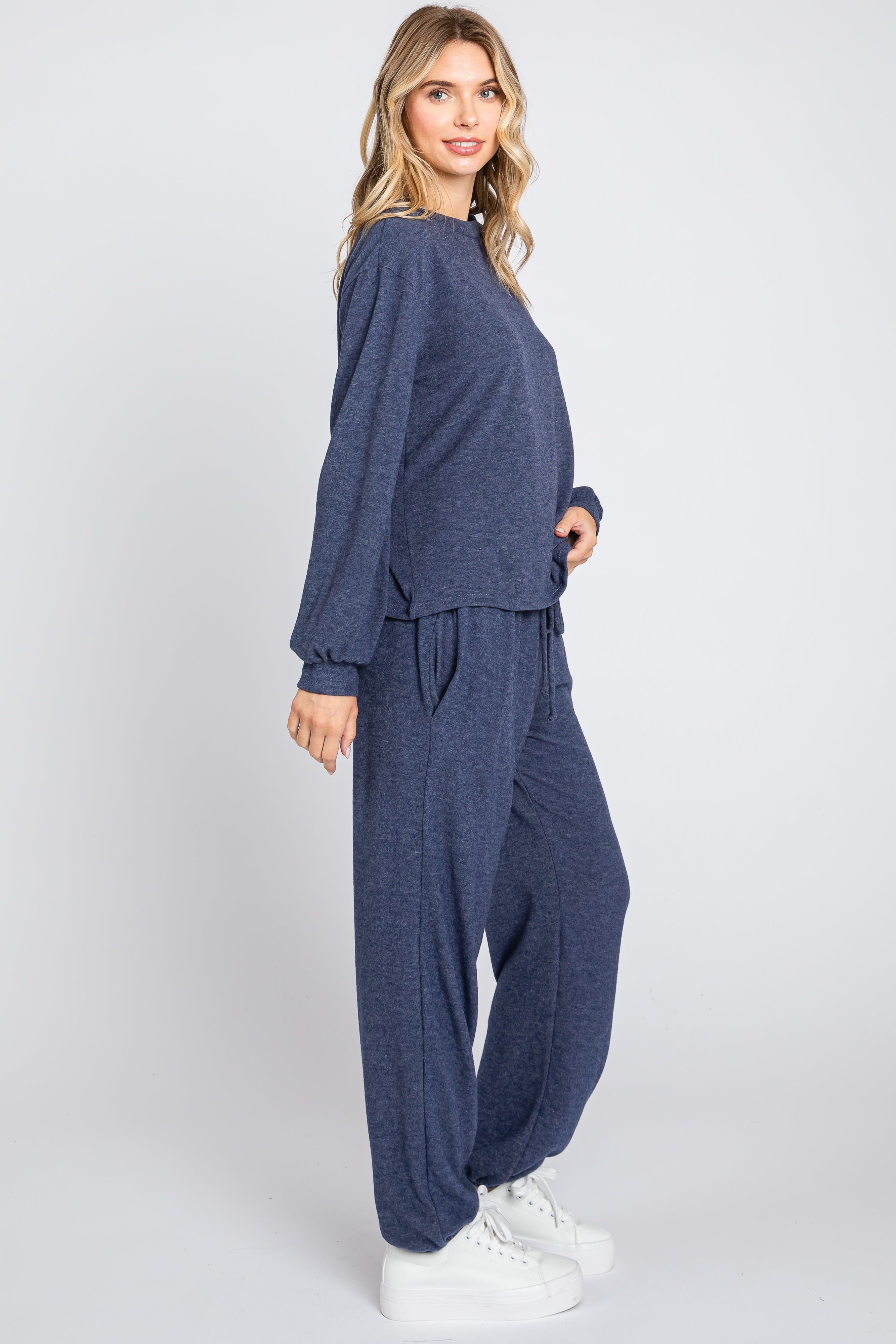 Navy Soft Knit Brushed Long Sleeve Lounge Set sold by Pinkblush product image thumbnail 2