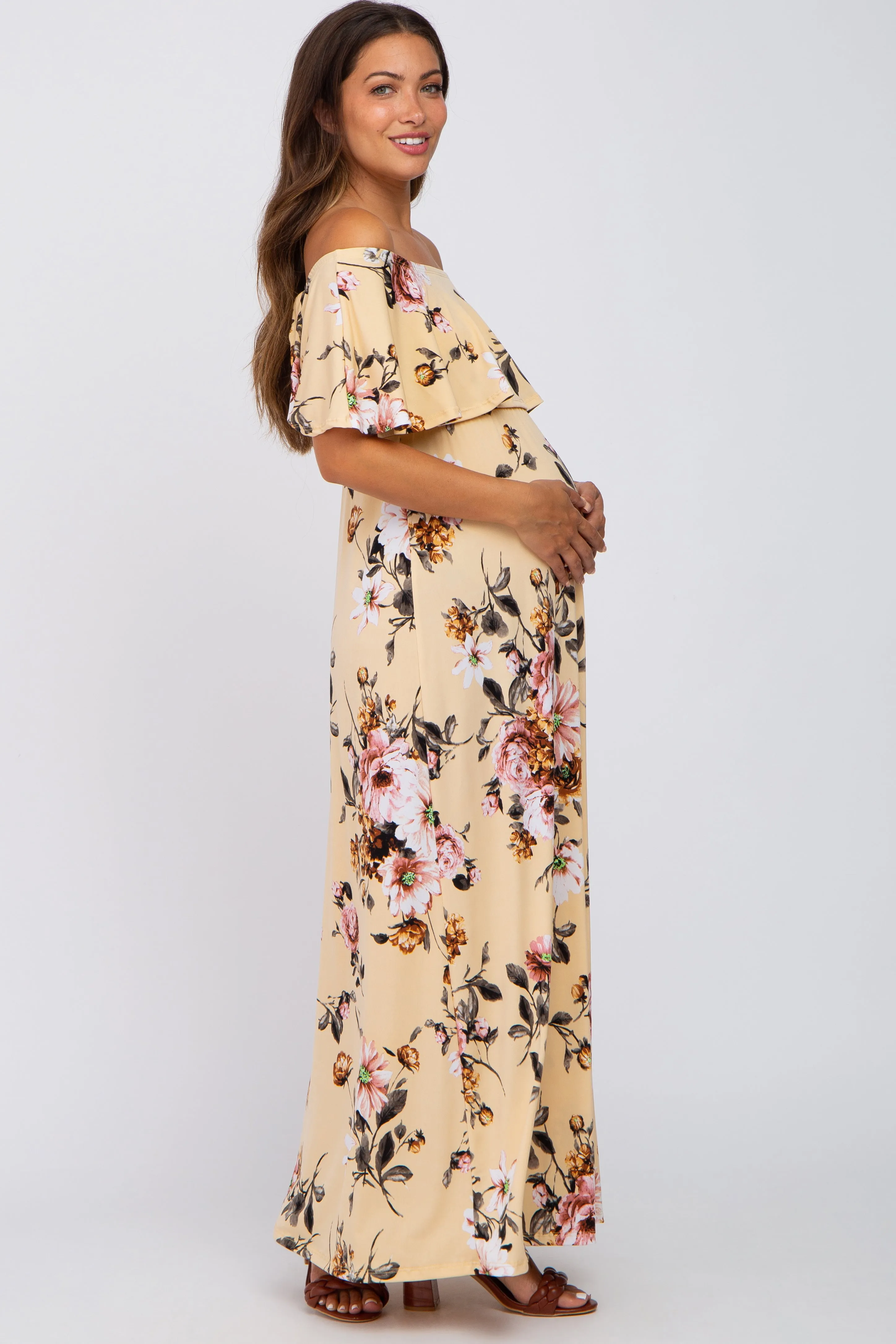Yellow Floral Off Shoulder Maternity Maxi Dress sold by Pinkblush product image thumbnail 2