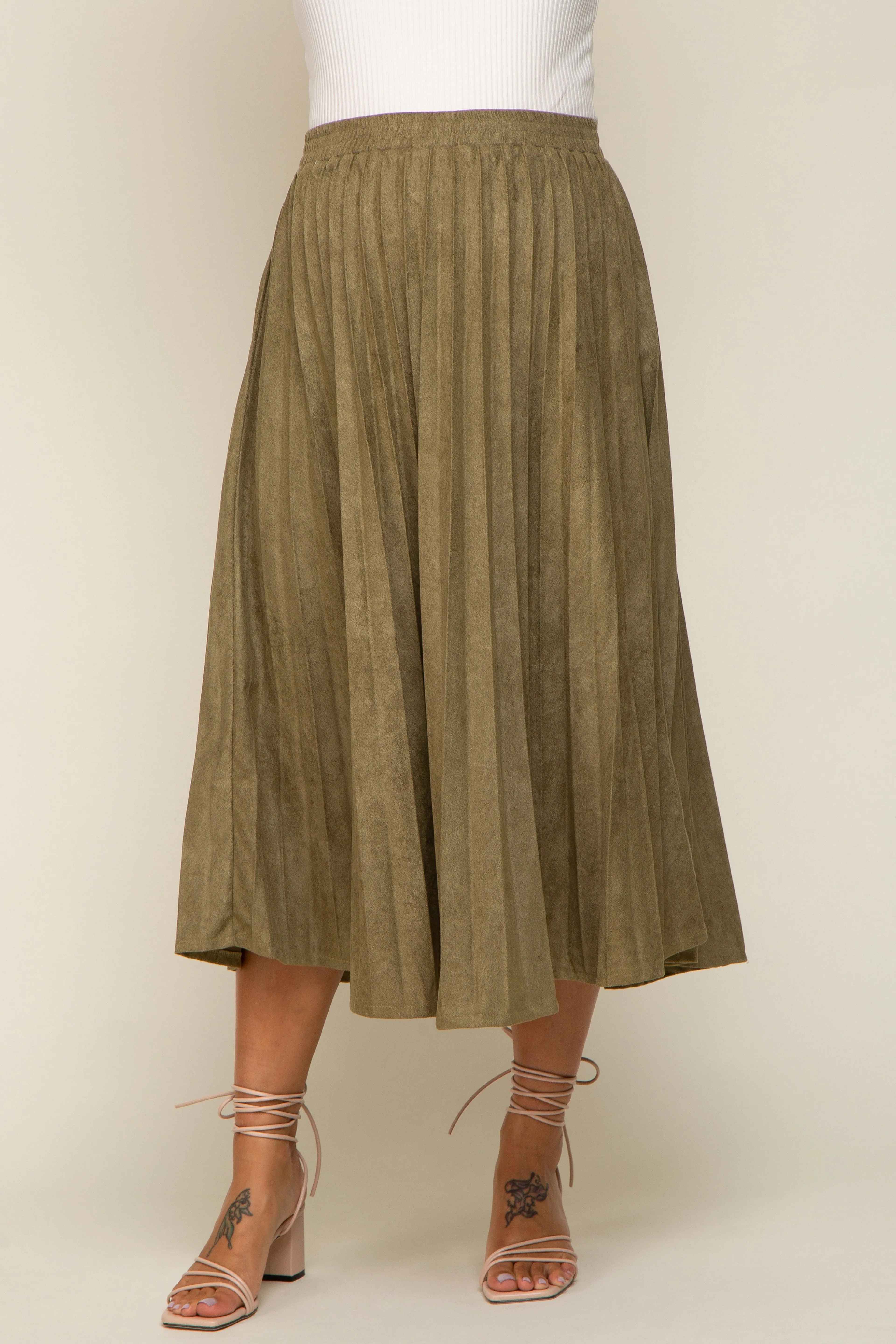 Olive Suede Pleated Maternity Midi Skirt sold by Pinkblush product image thumbnail 2