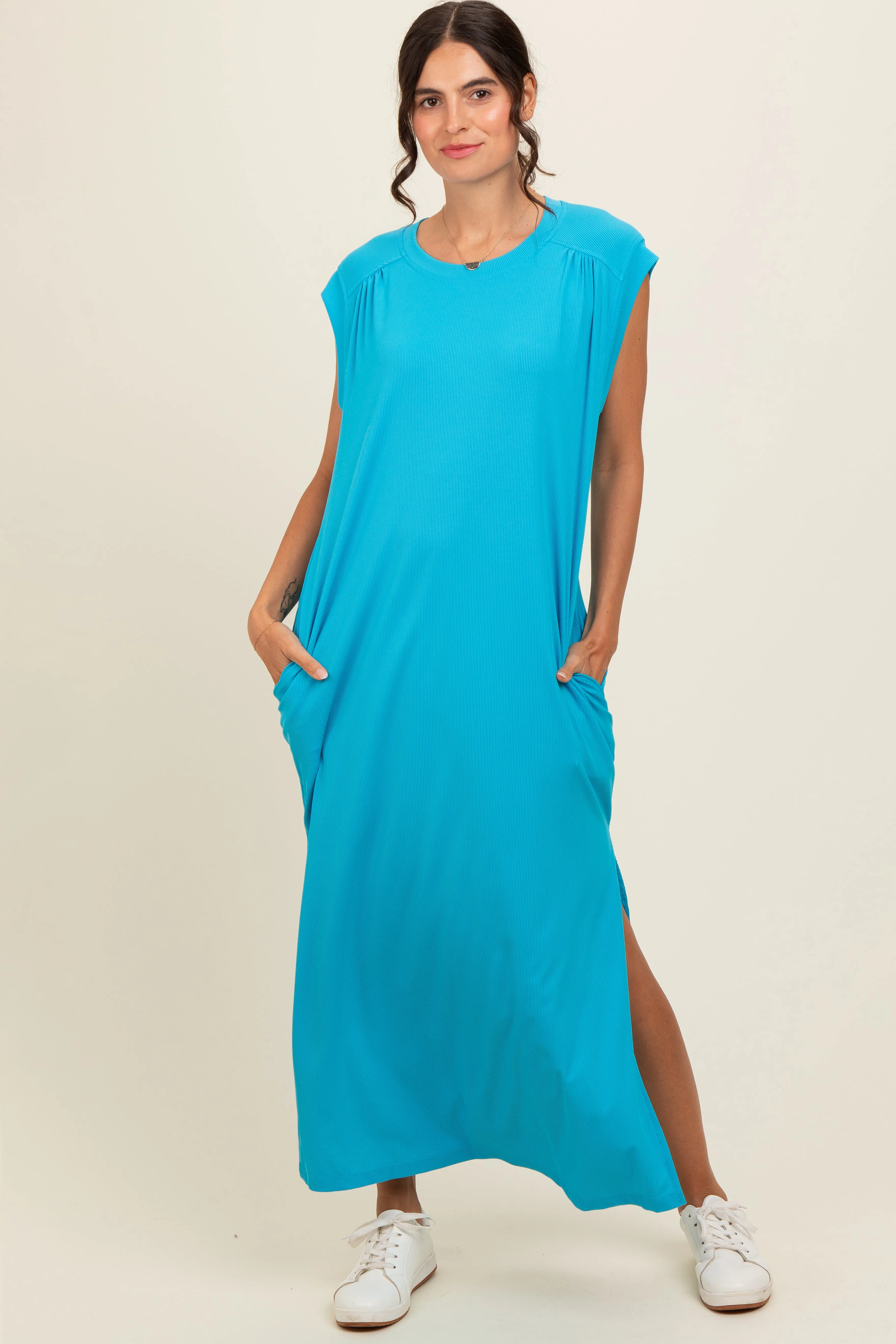 Blue Short Dolman Sleeve Side Slit Maxi Dress sold by Pinkblush product image thumbnail 2