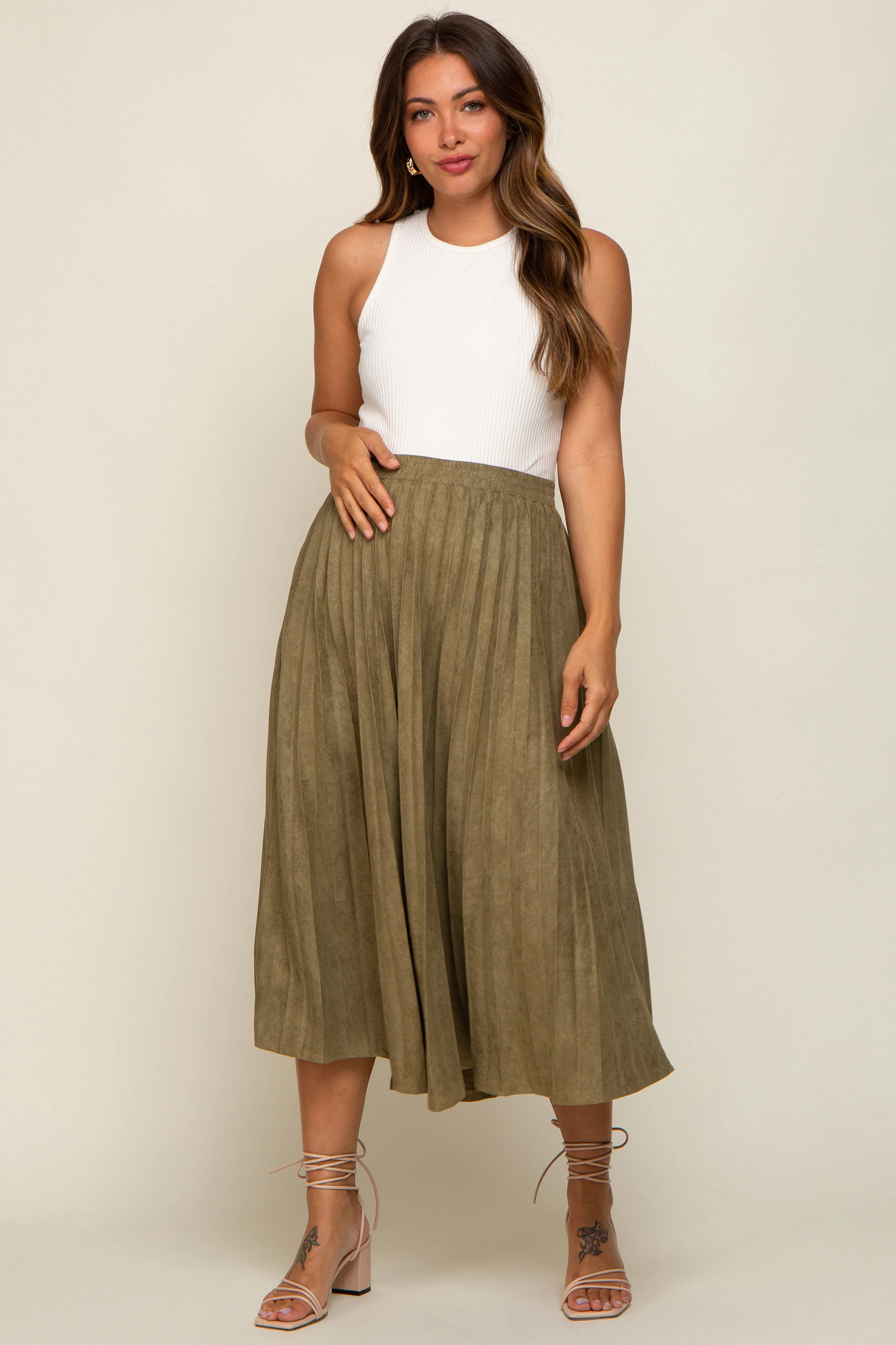 Olive Suede Pleated Maternity Midi Skirt sold by Pinkblush