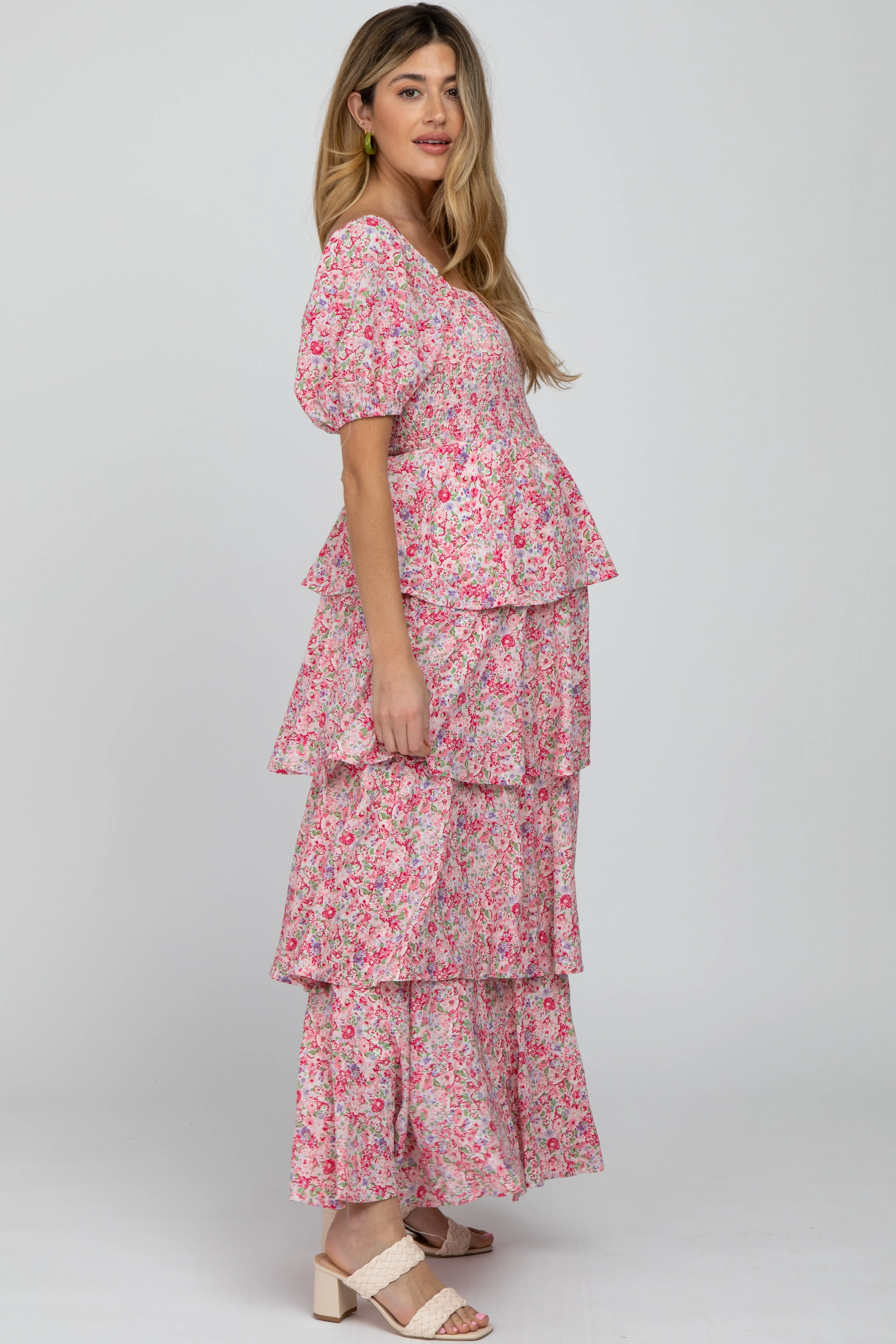Pink Floral Square Neck Ruffle Layered Maternity Maxi Dress sold by Pinkblush product image thumbnail 5