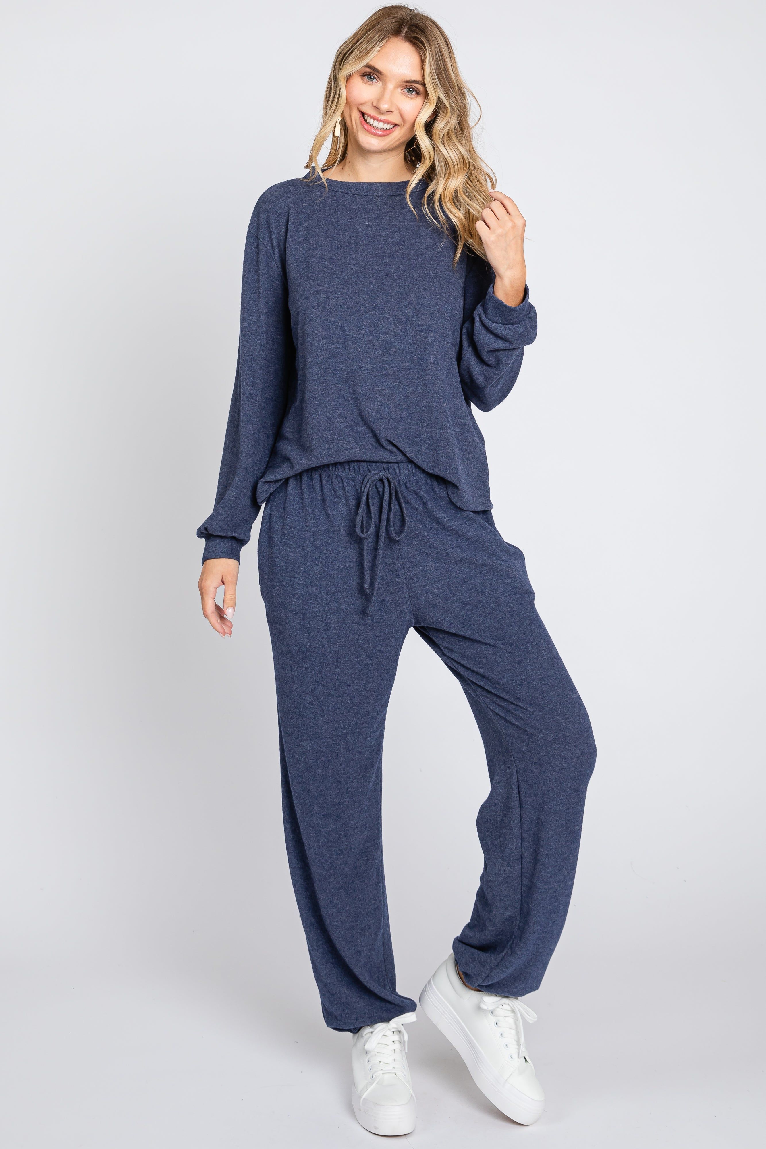 Navy Soft Knit Brushed Long Sleeve Lounge Set sold by Pinkblush